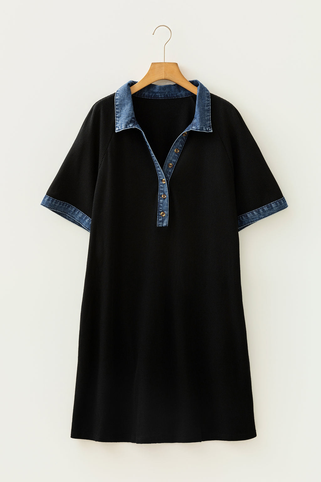 Black Colorblock Denim Collar Short Sleeve Plus Size Shift Dress