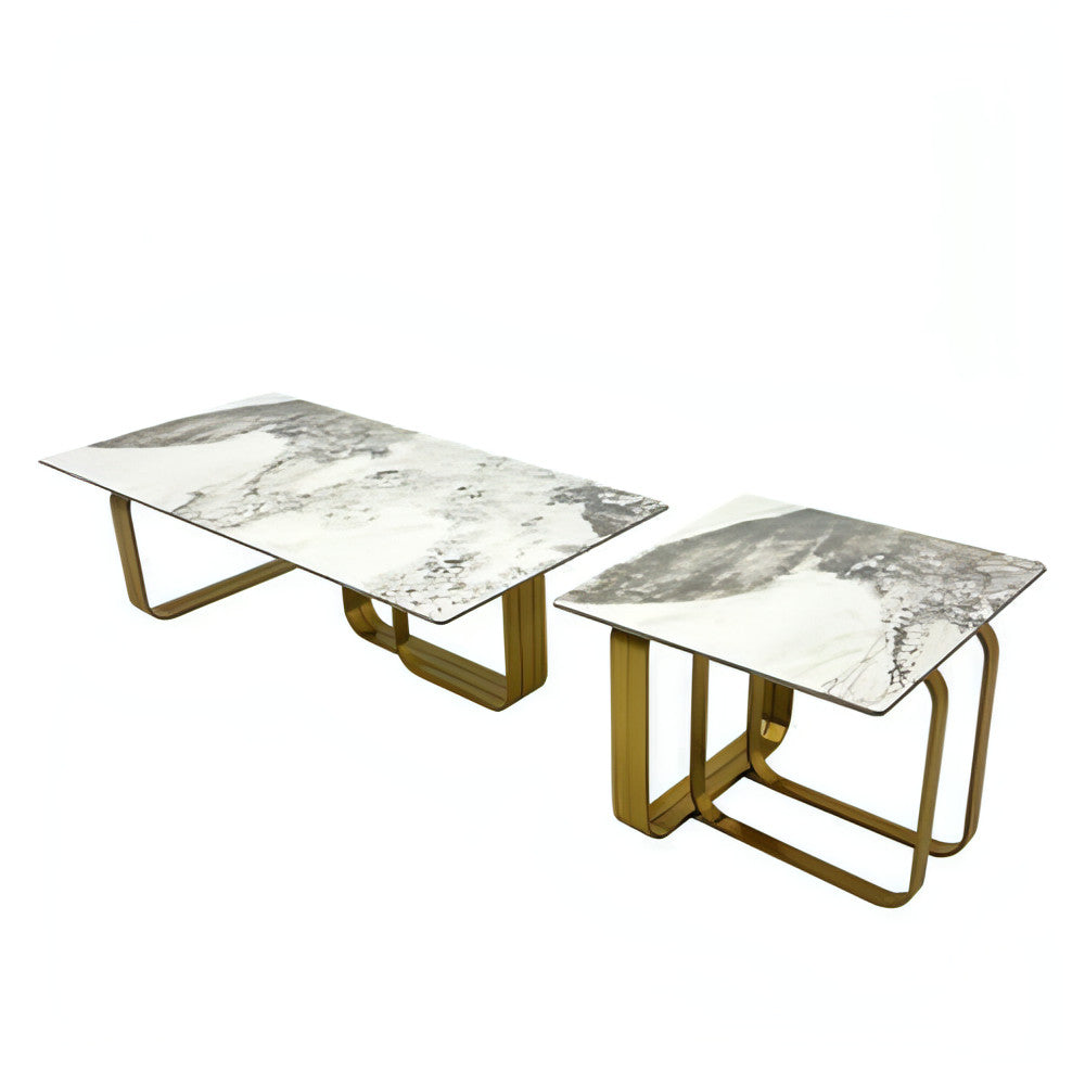 LuneluX_Home – Modern Sintered Stone Coffee Table Set with Gold Frame (2 pcs)
