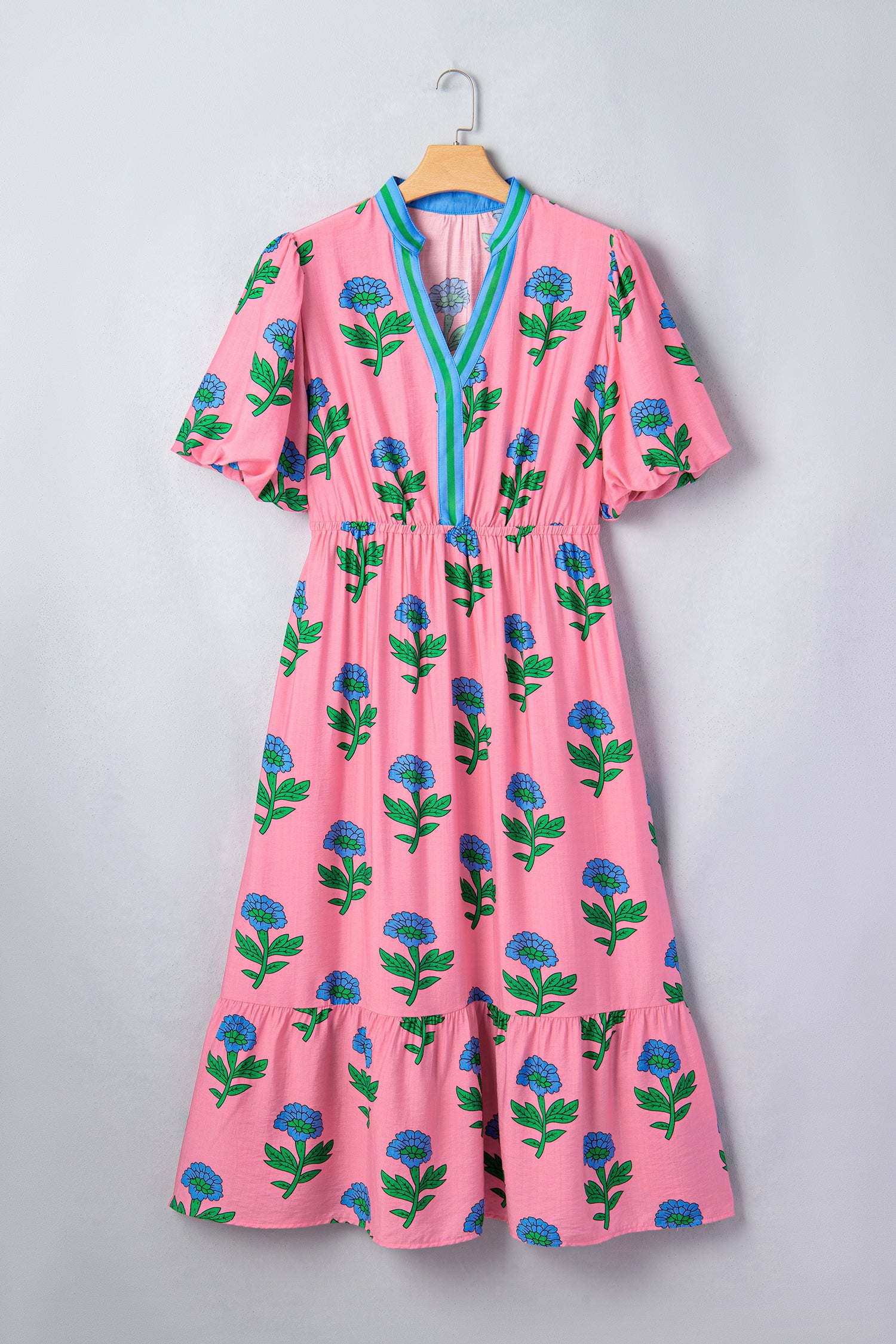 Pink Plus Size Striped V Neck Ruffled Floral Long Dress