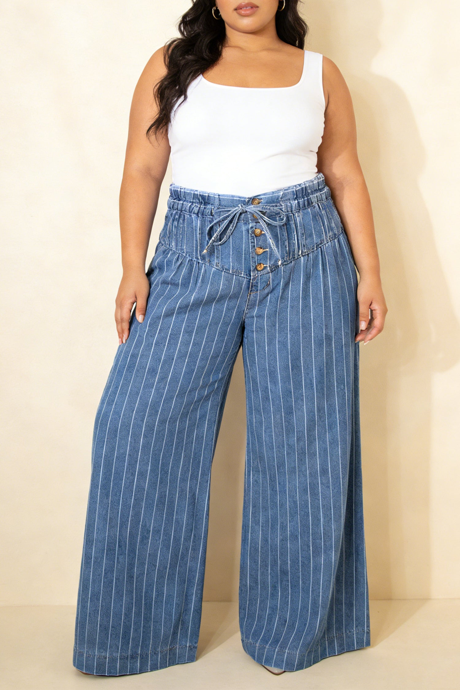 Sky Blue Stripe Plus Size Buttoned Loose Wide Leg Denim Pants