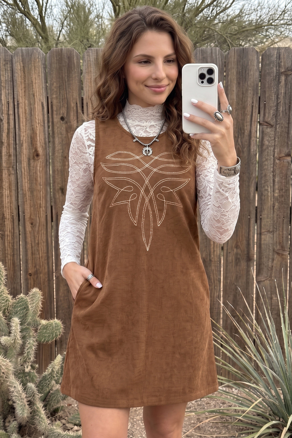 Coffee Geometric Embroidery Sleeveless Corduroy Shift Dress