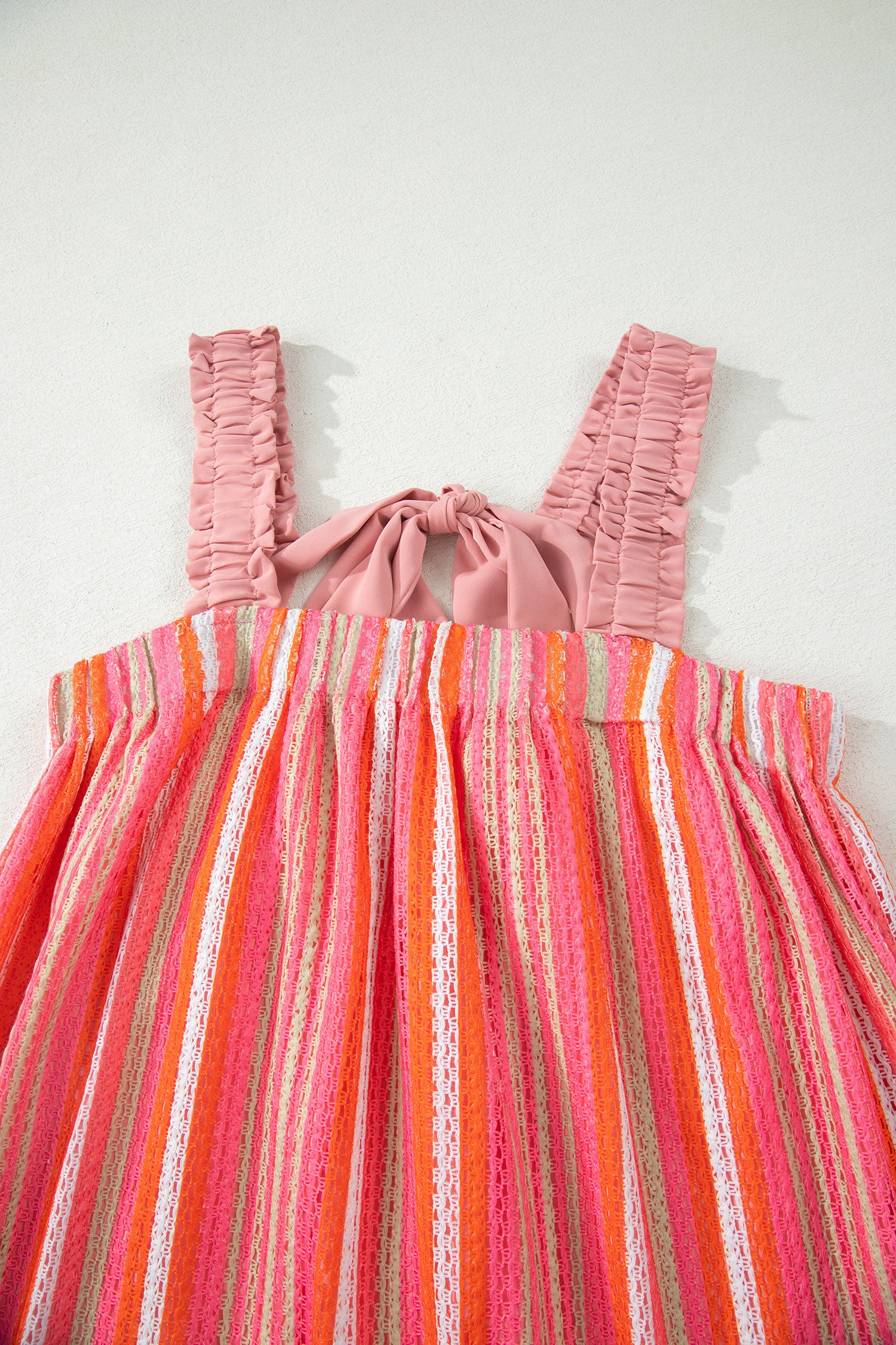 Pink Stripe Ruffled Straps Ribbon Knot Flowy Vacation Maxi Dress