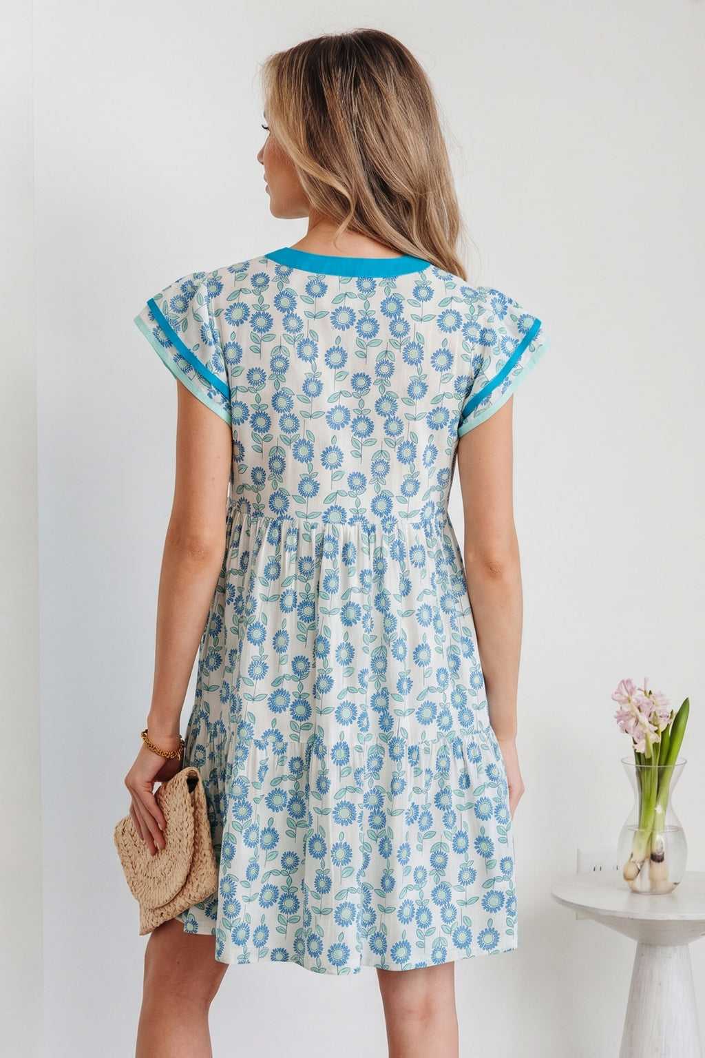 Sky Blue Floral Print Contrast Trim Flutter Sleeve Mini Dress