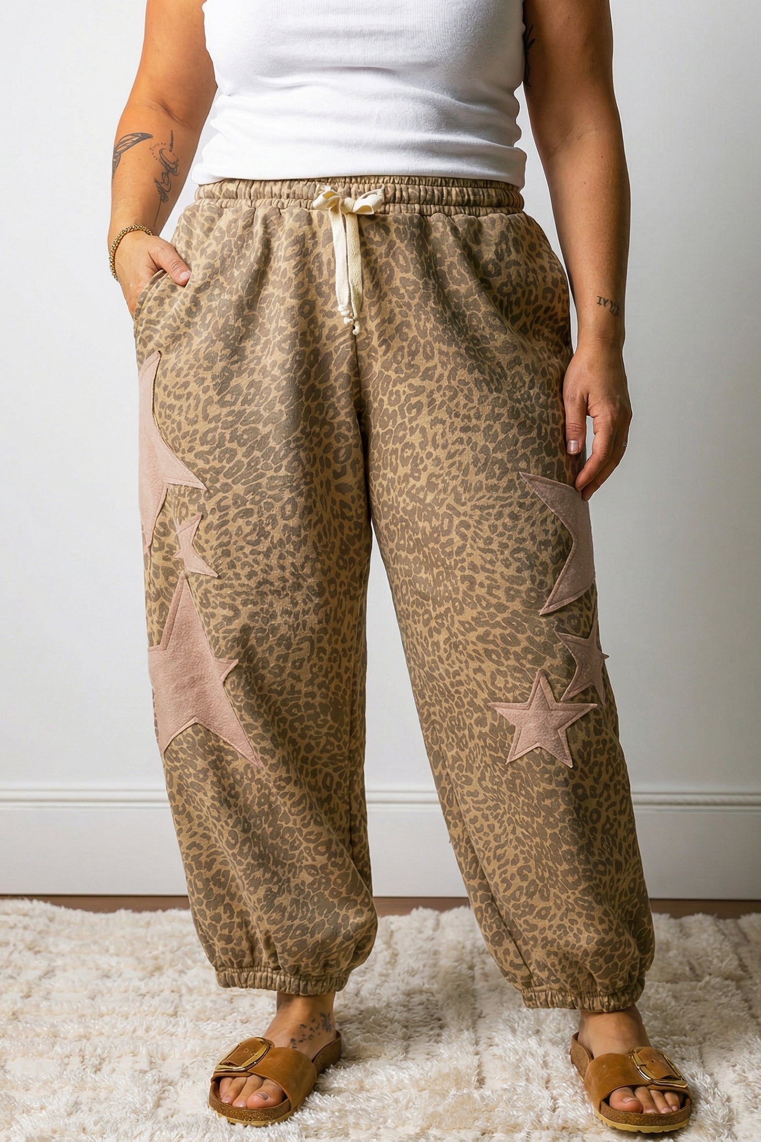 Khaki Plus Size Leopard Print Western Star Patched Jogger Pants