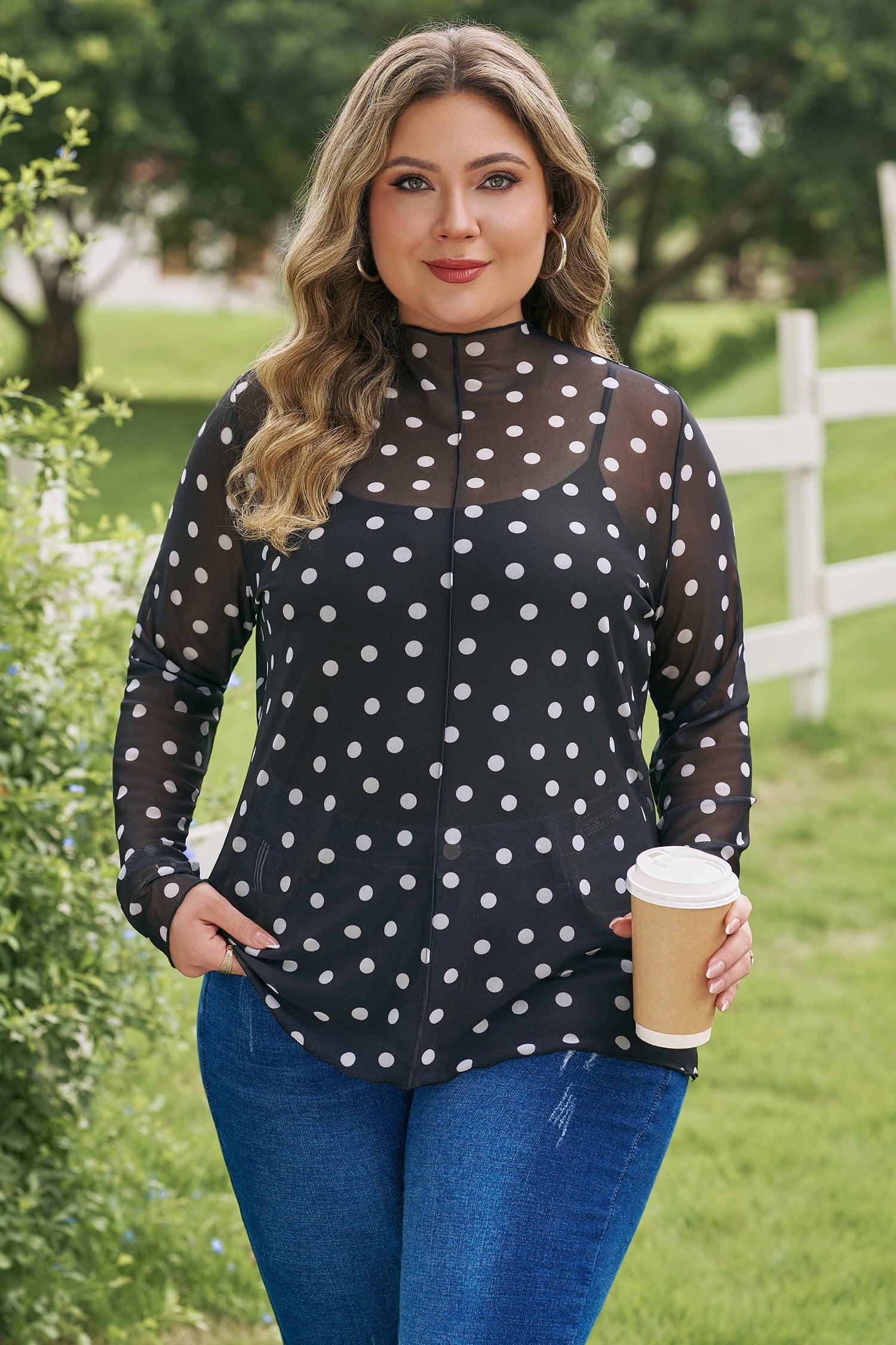 Black Plus Size Mock Neck Polka Dot Long Sleeve Mesh Top