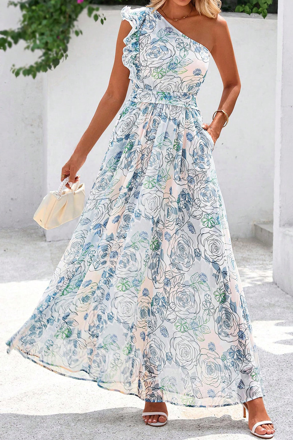 Sky Blue Floral Print Ruffled One Shoulder Vacation Maxi Dress