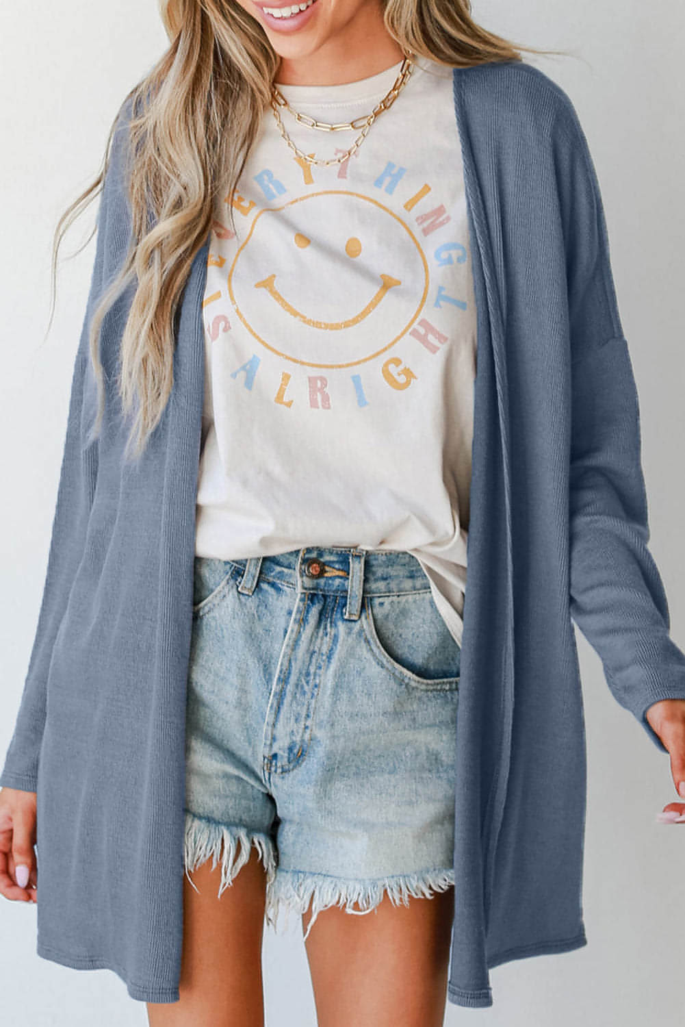 Cárdigan tipo túnica con frente abierto y punto acanalado en color liso azul Ashleigh