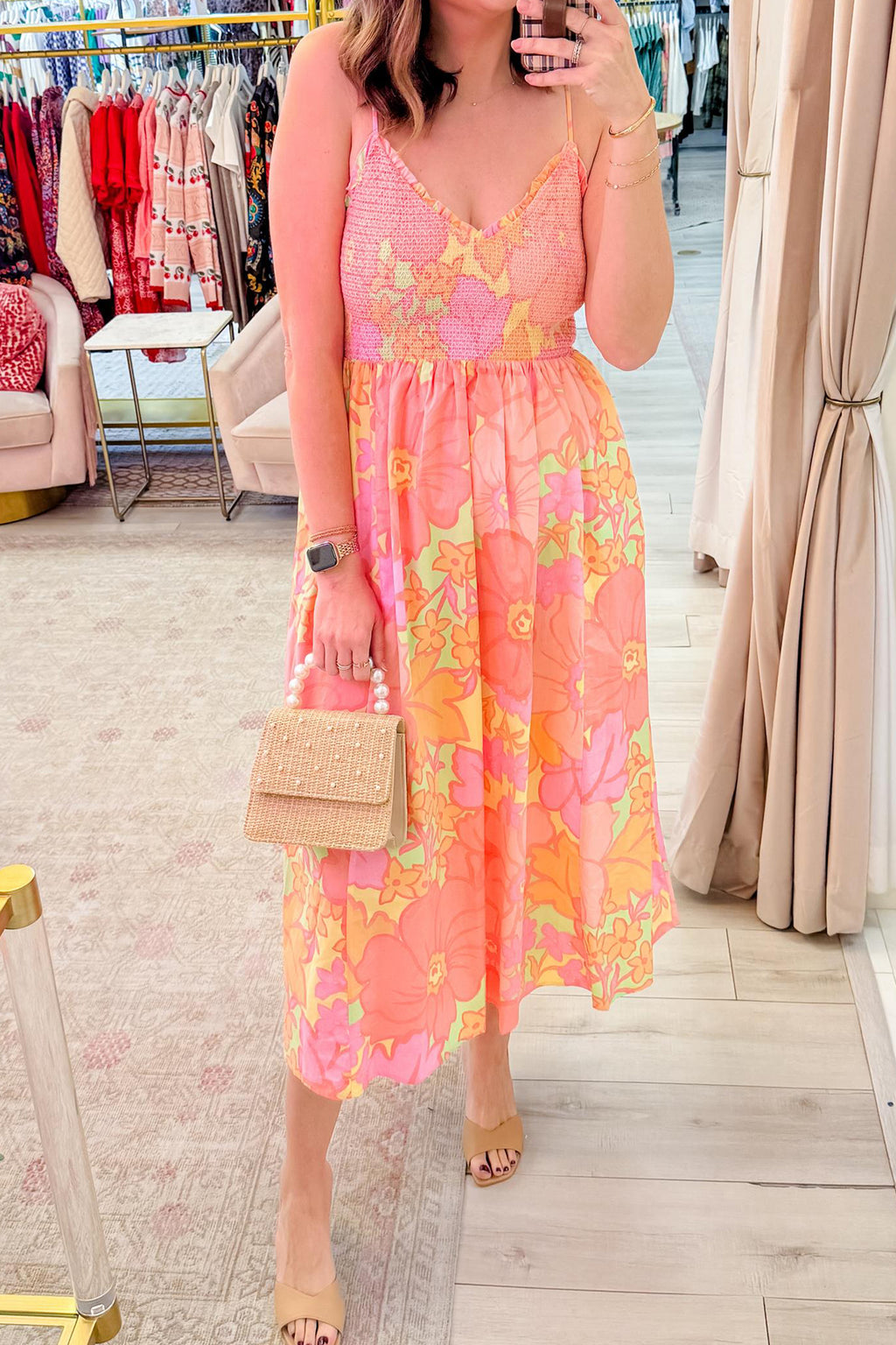 Pink Spaghetti Straps Floral Shirred High Waist Dress