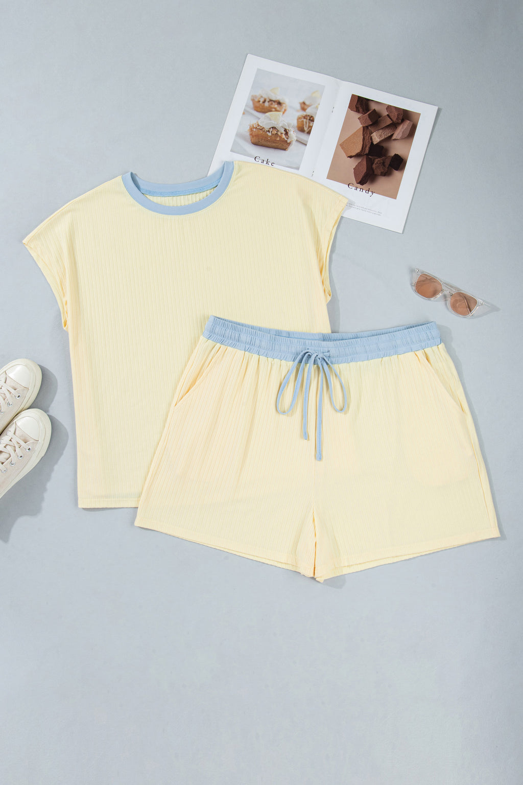 Yellow Cream Plus Size Ribbed Color Block Trim Drawstring Shorts 2pcs Set