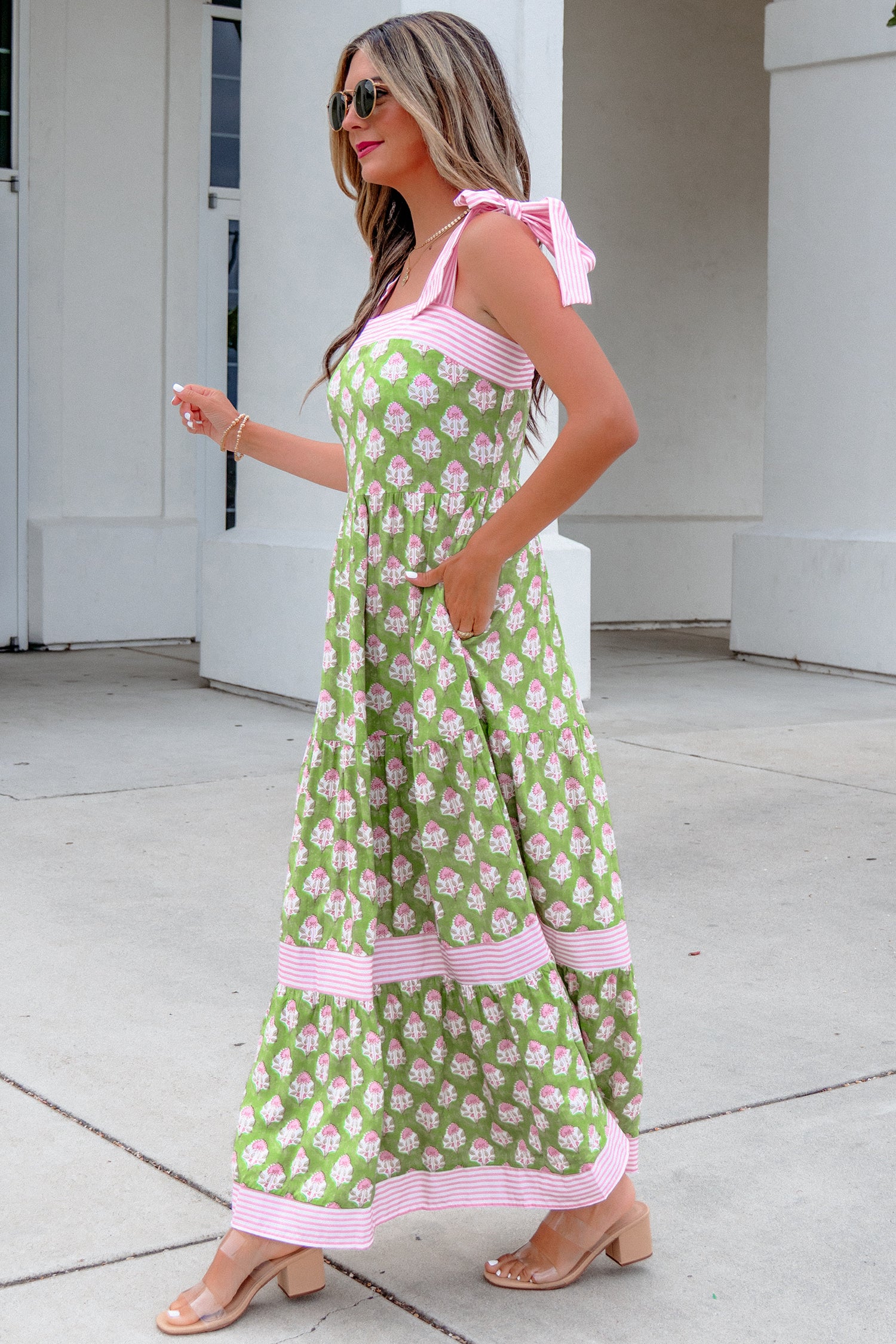 Green Floral Print Striped Detail Knot Straps Maxi Dress