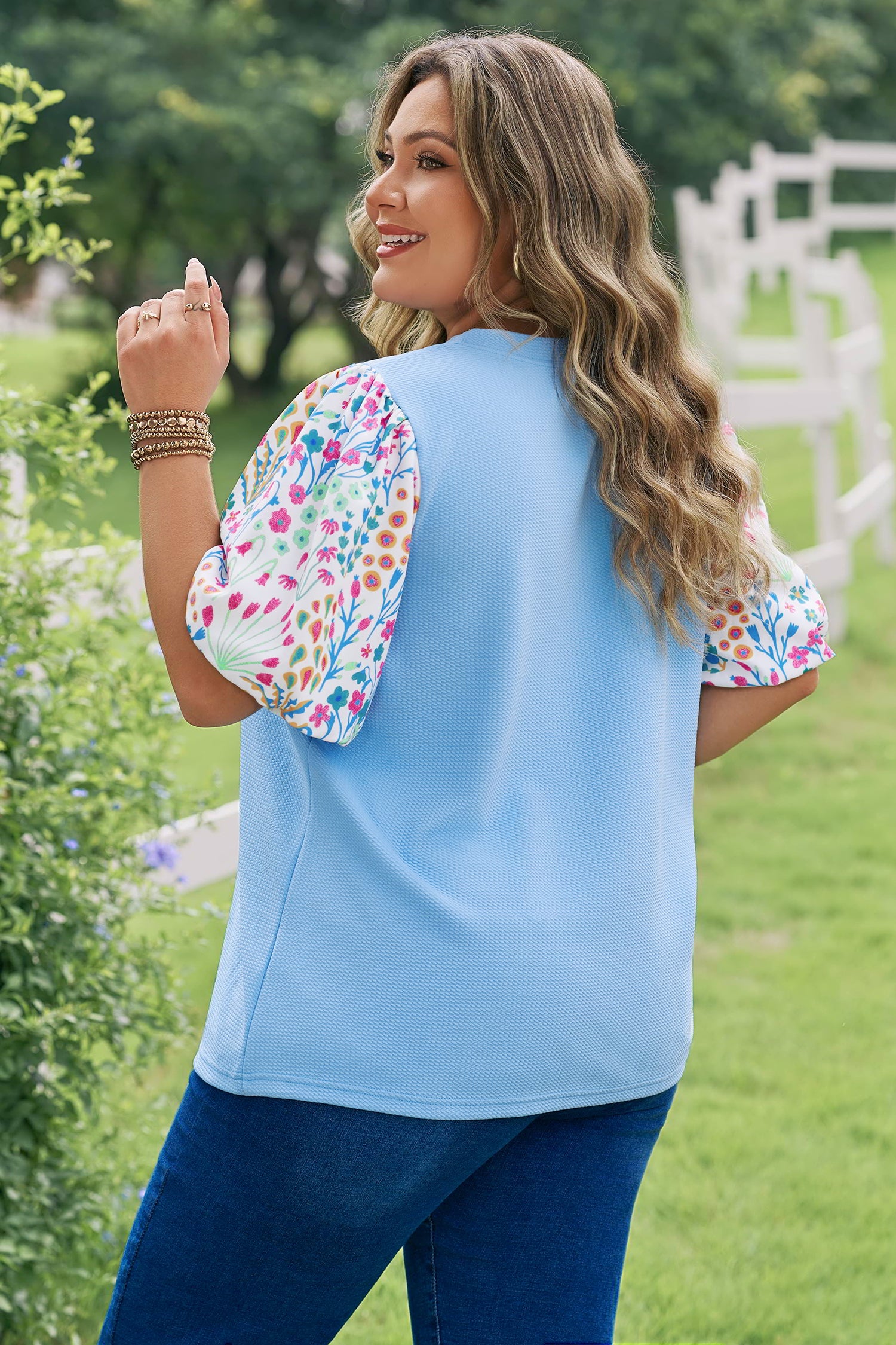 Light Blue Textured Bodice Contrast Floral Sleeve Plus Size Top