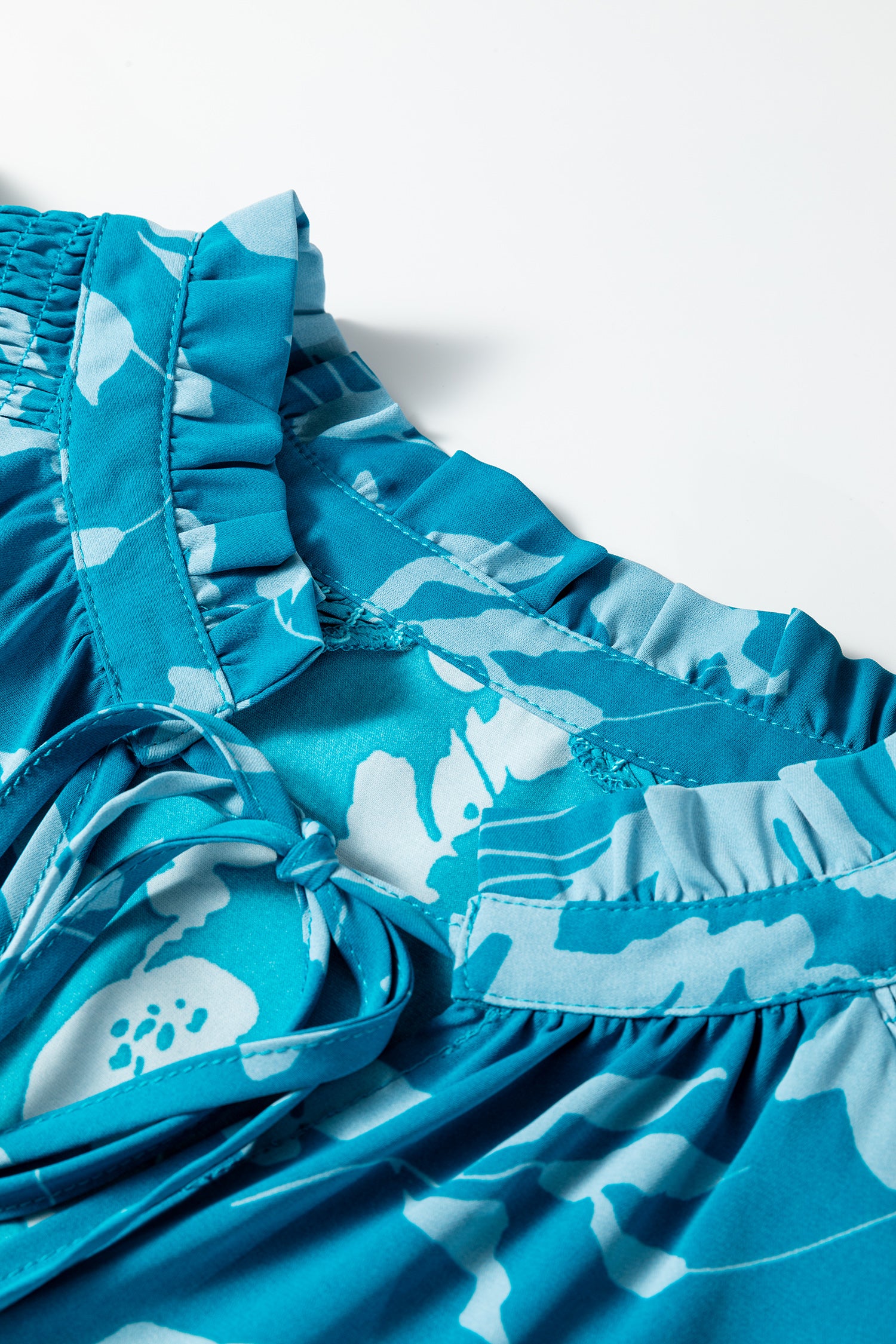 Blue Flower Half Sleeve Tiered Ruffled Mini Dress