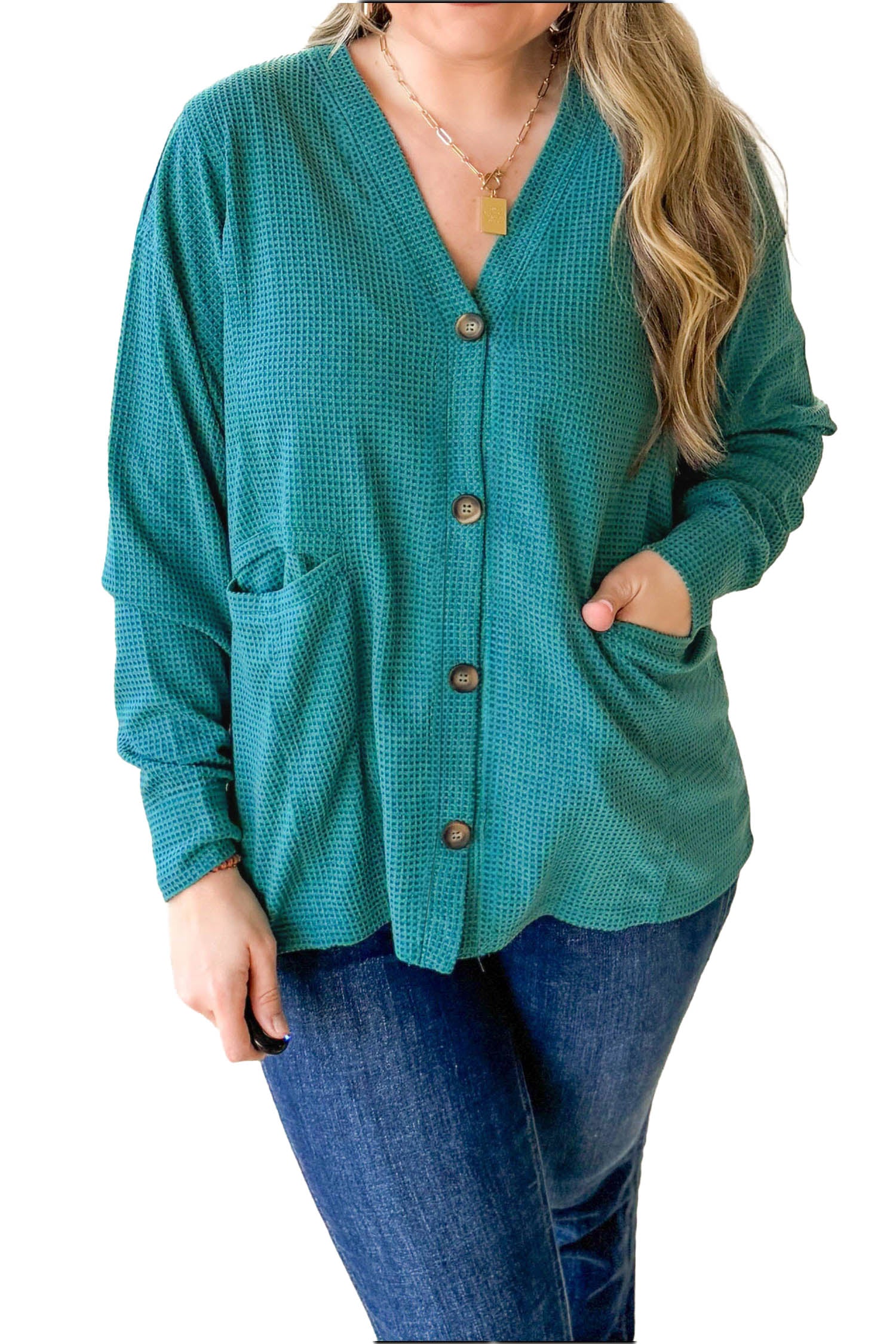 Lapis V Neck Waffle Textured Button Front Tunic Long Sleeve Plus Size Cardigan