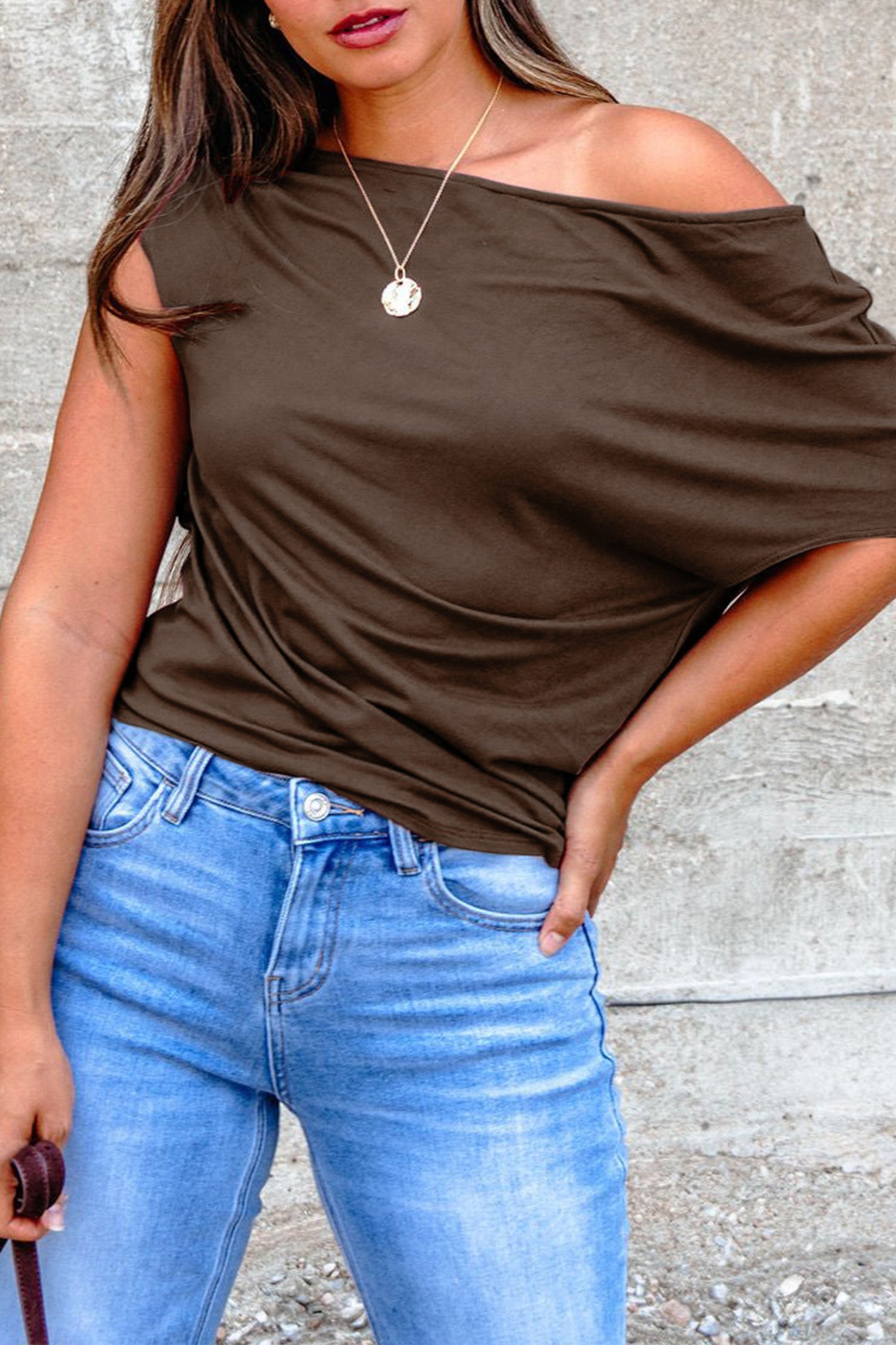 Black Plus Size Solid Color Asymmetric Neck Short Sleeve Blouse