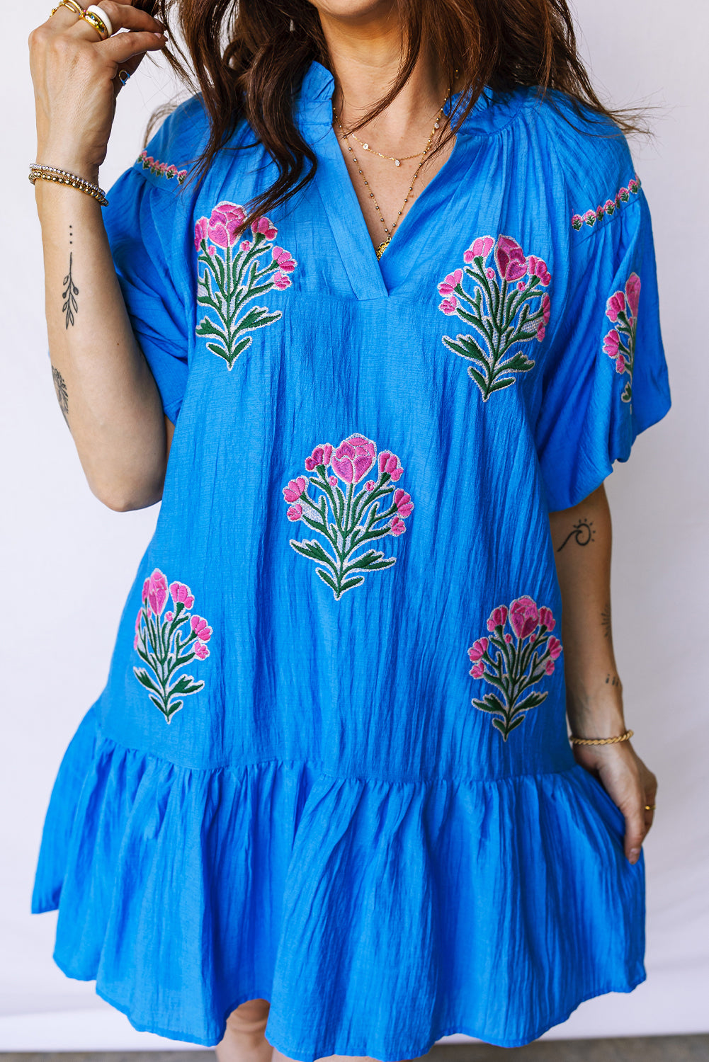Blue Flower Embroidered Split Neck Short Puff Sleeve Ruffle Hem Dress