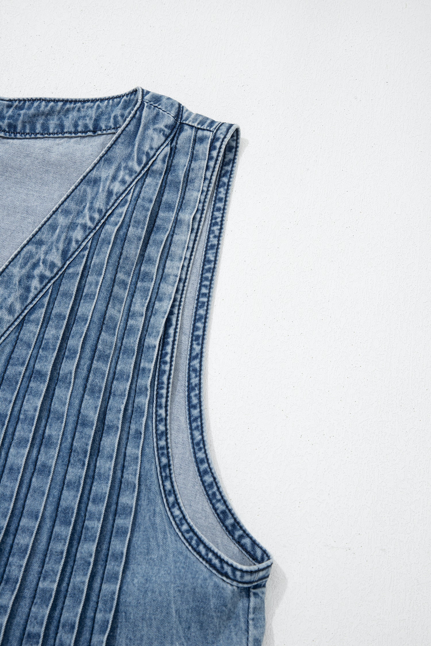 Dusk Blue Acid Wash Pintuck Tie V Neck Denim Wide Leg Jumpsuit