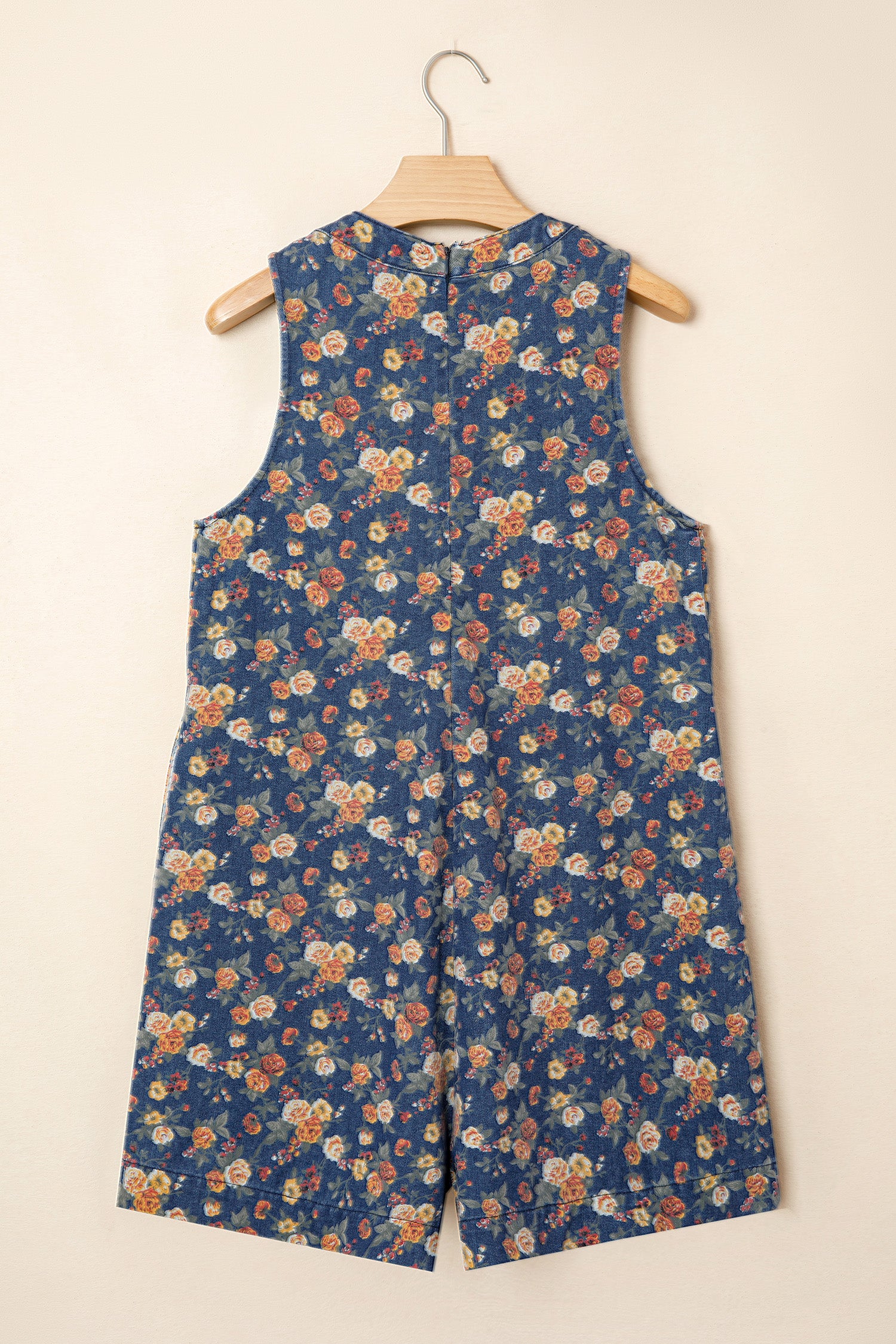 Blue Retro Floral Print Bow Tie V Neck Sleeveless Pleated Loose Denim Romper
