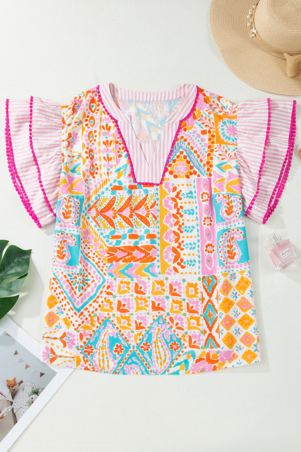 Rose Plus Size Geometric Print Contrast Trim Striped V Neck Blouse
