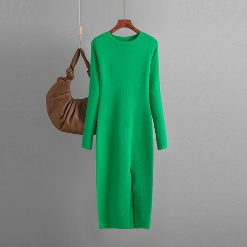Vestido de cuello redondo sin espalda de punto de manga larga de otoño e invierno