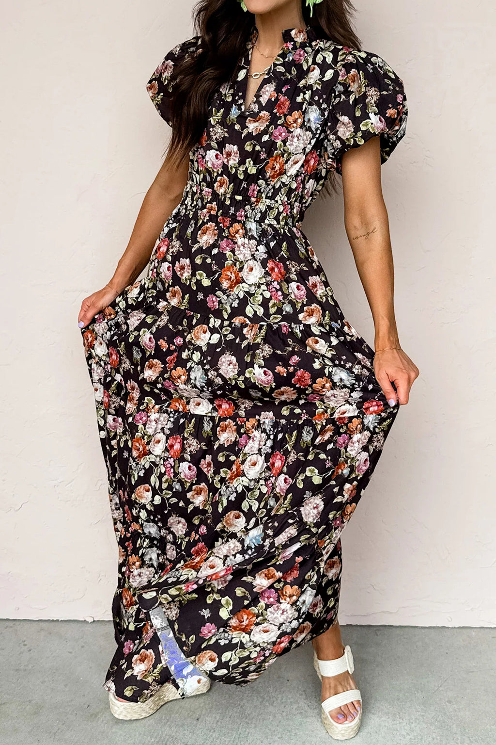 Black Floral Print V Neck Pleated Tiered Maxi Dress