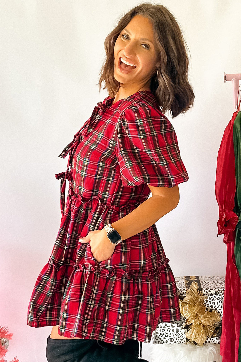 Red Plaid Knot Neck Short Sleeve Mini Shift Dress
