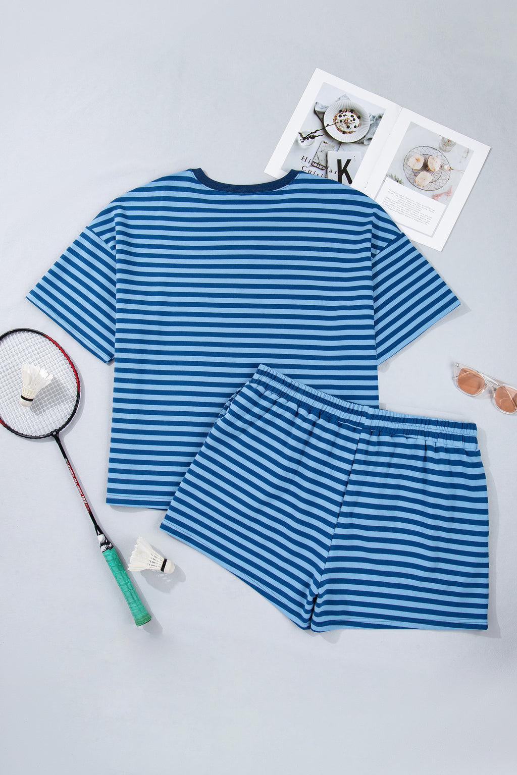 Blue Stripe Plus Size Dropped Shoulder Tee and Shorts Two-Piece Set