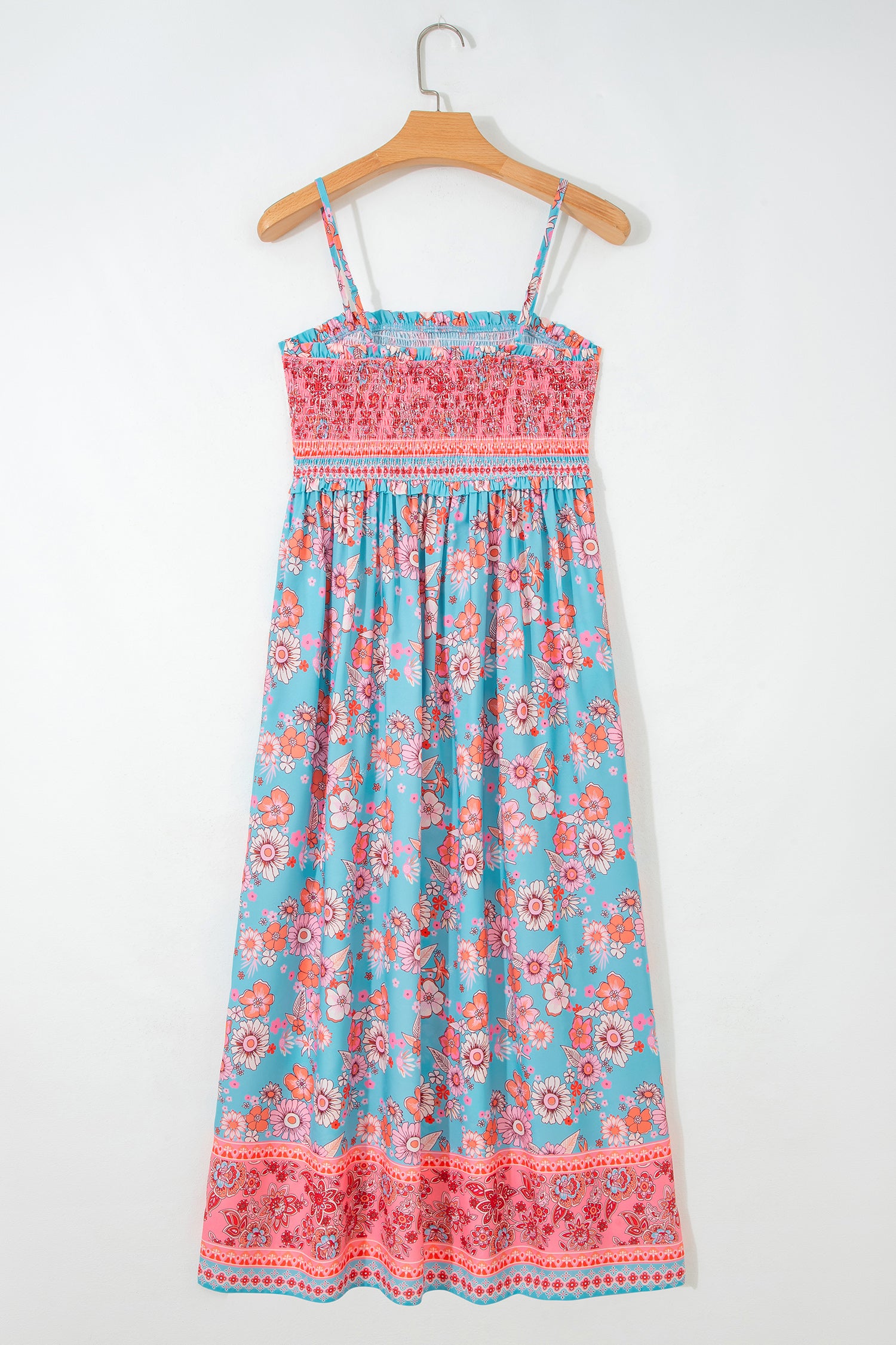 Sky Blue Bohemian Ethnic Print Spaghetti Straps Vacation Maxi Dress