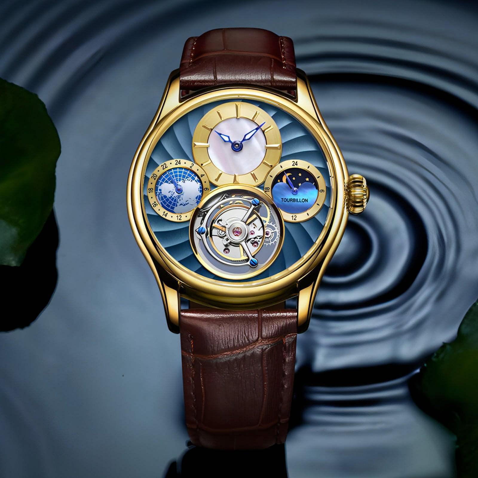 Relógio mecânico de negócios masculino automático Tourbillon Hollow
