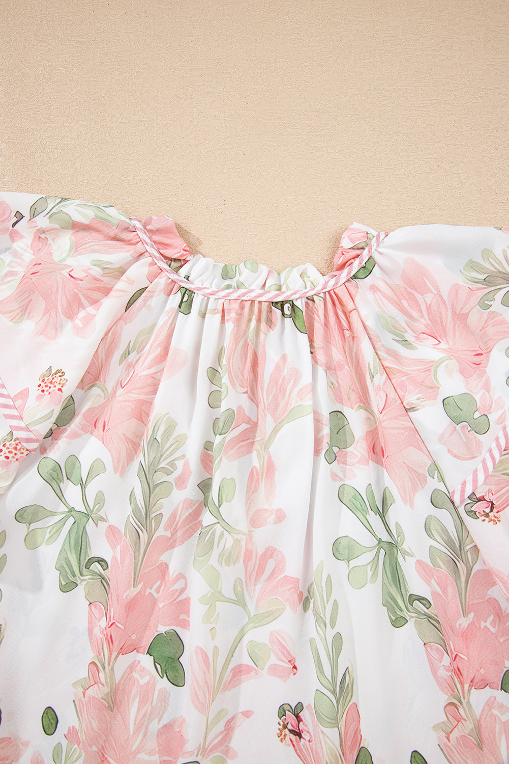Pink Floral Print Striped Contrast Tiered Ruffled Sleeve V Neck Blouse
