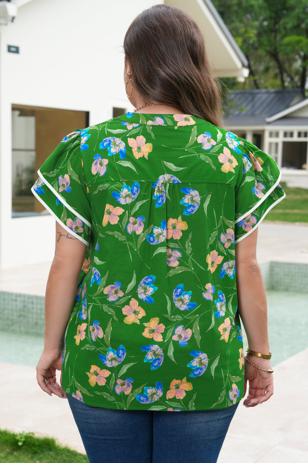 Green Plus Size Ruffled Short Sleeve Floral Top