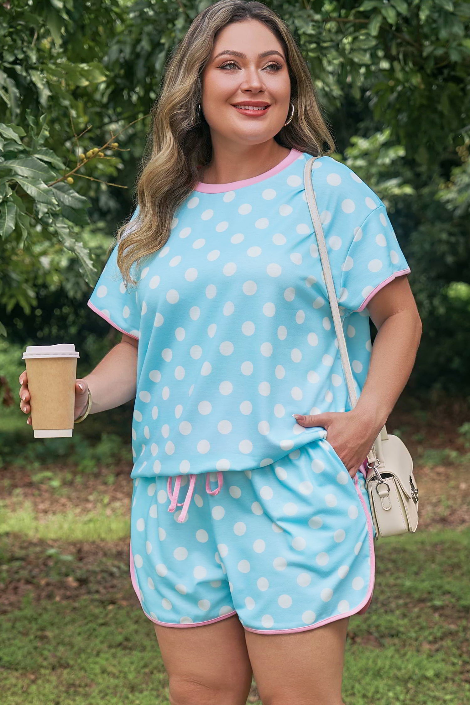 Sky Blue Polka Dot Print Color Block Trim Plus Size 2pcs Short Set