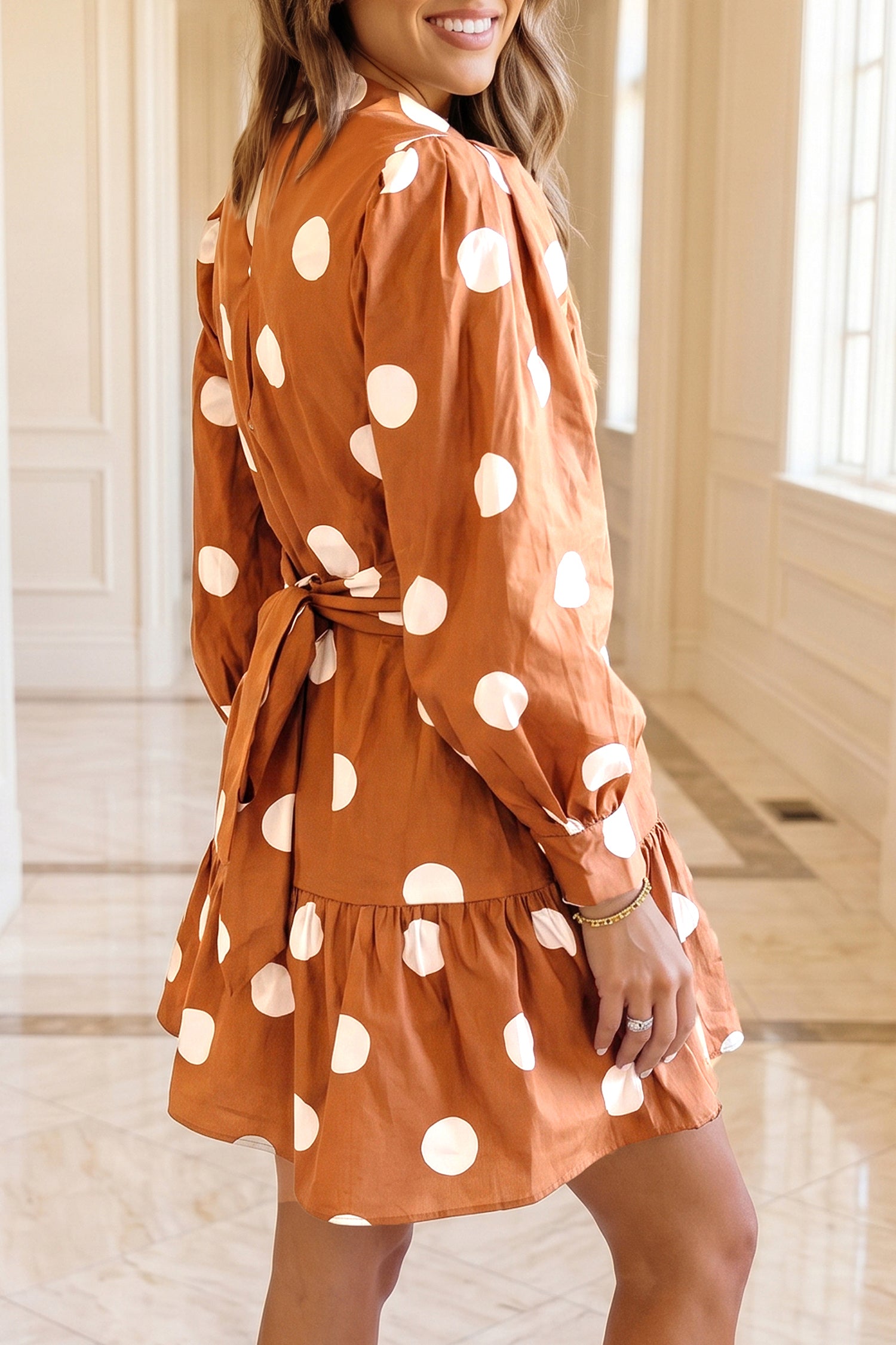 Brown Polka Dot Long Sleeve Tie Waist Casual Shift Mini Dress