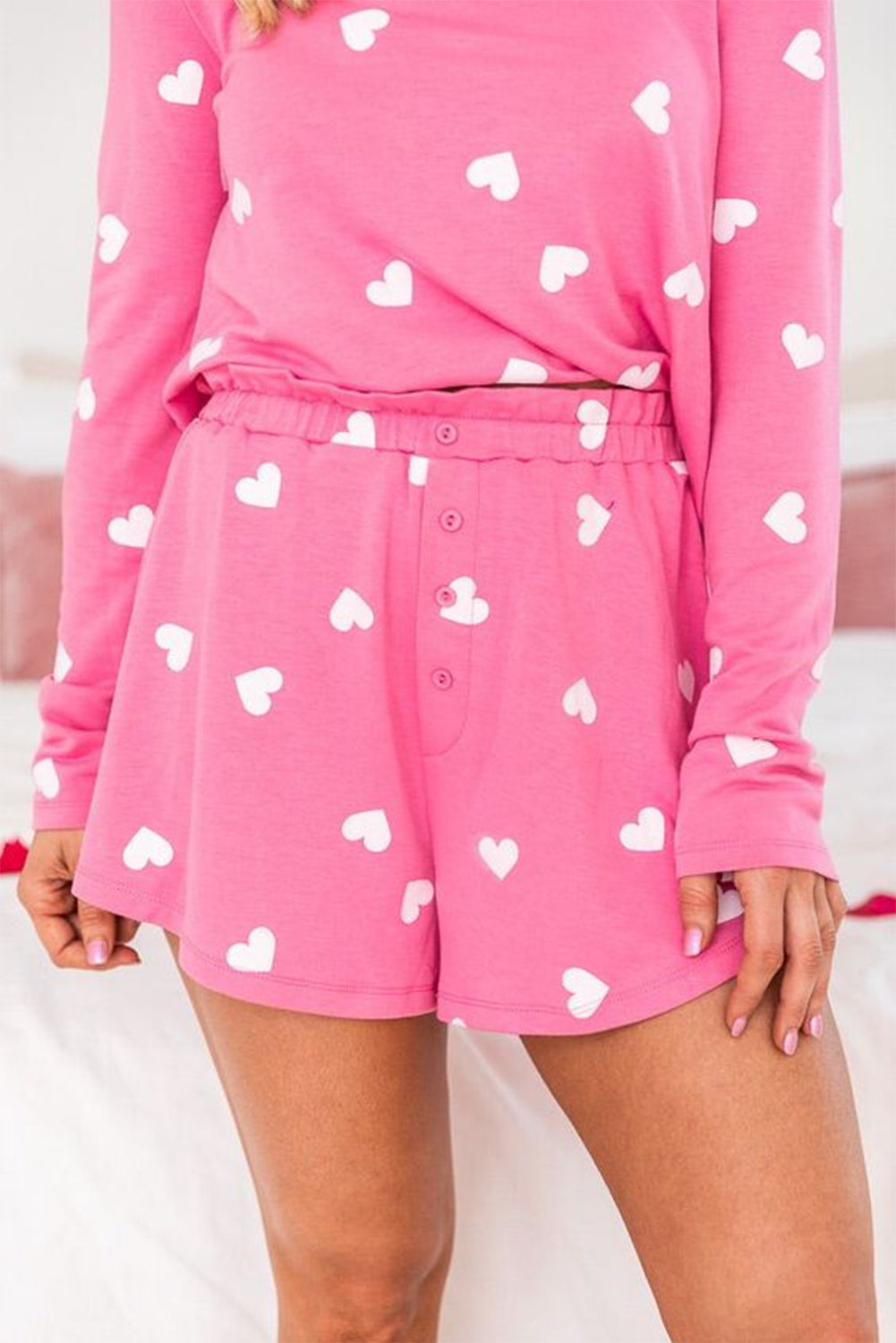 Pink Valentine Heart Print Long Sleeve T -Shirt und Shorts Lounge Set