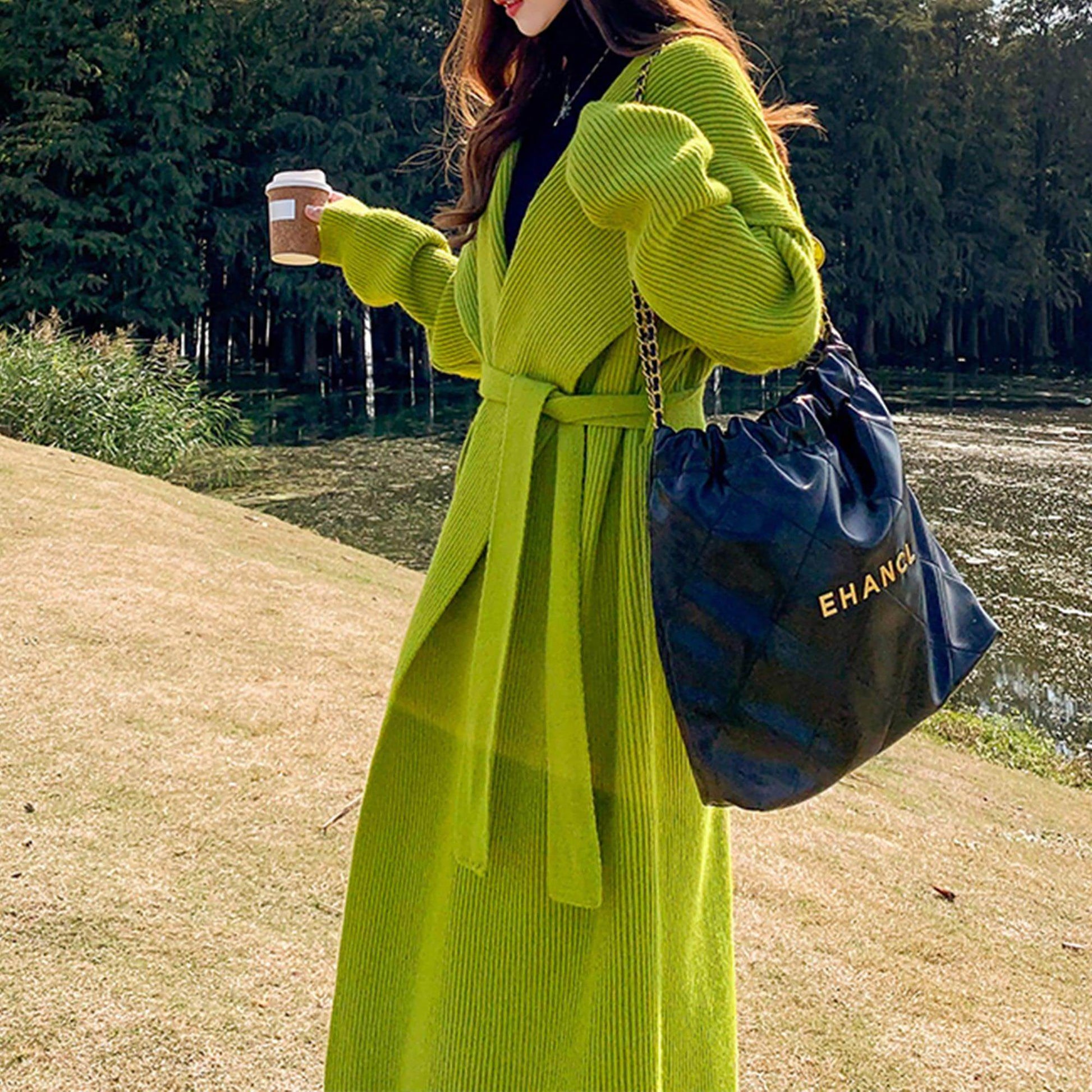 Suéter de lana de alpaca verde para mujer, abrigo, cárdigan, ropa hecha a mano