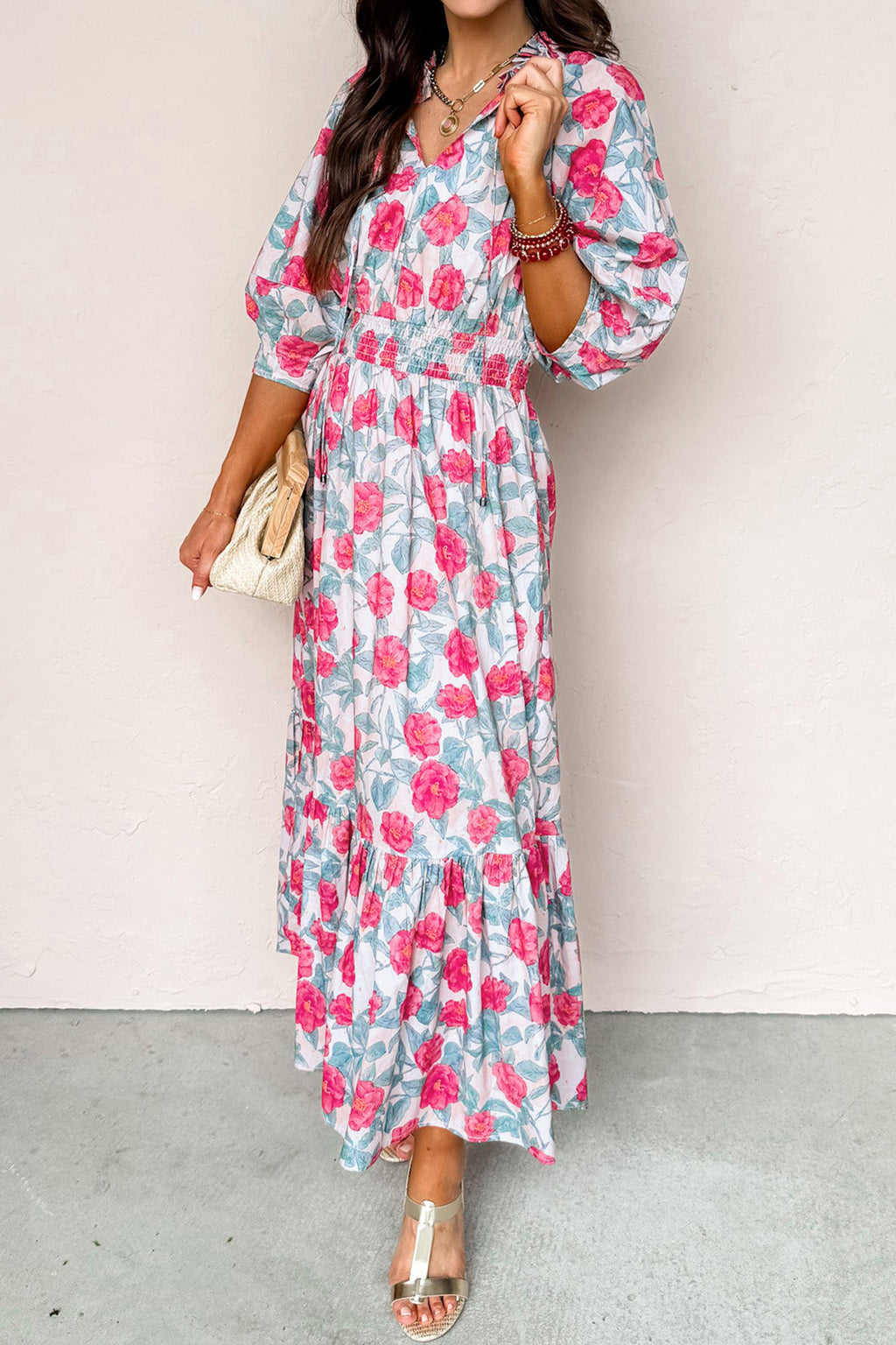 Red Elegant Floral Puff Sleeve Midi Dress