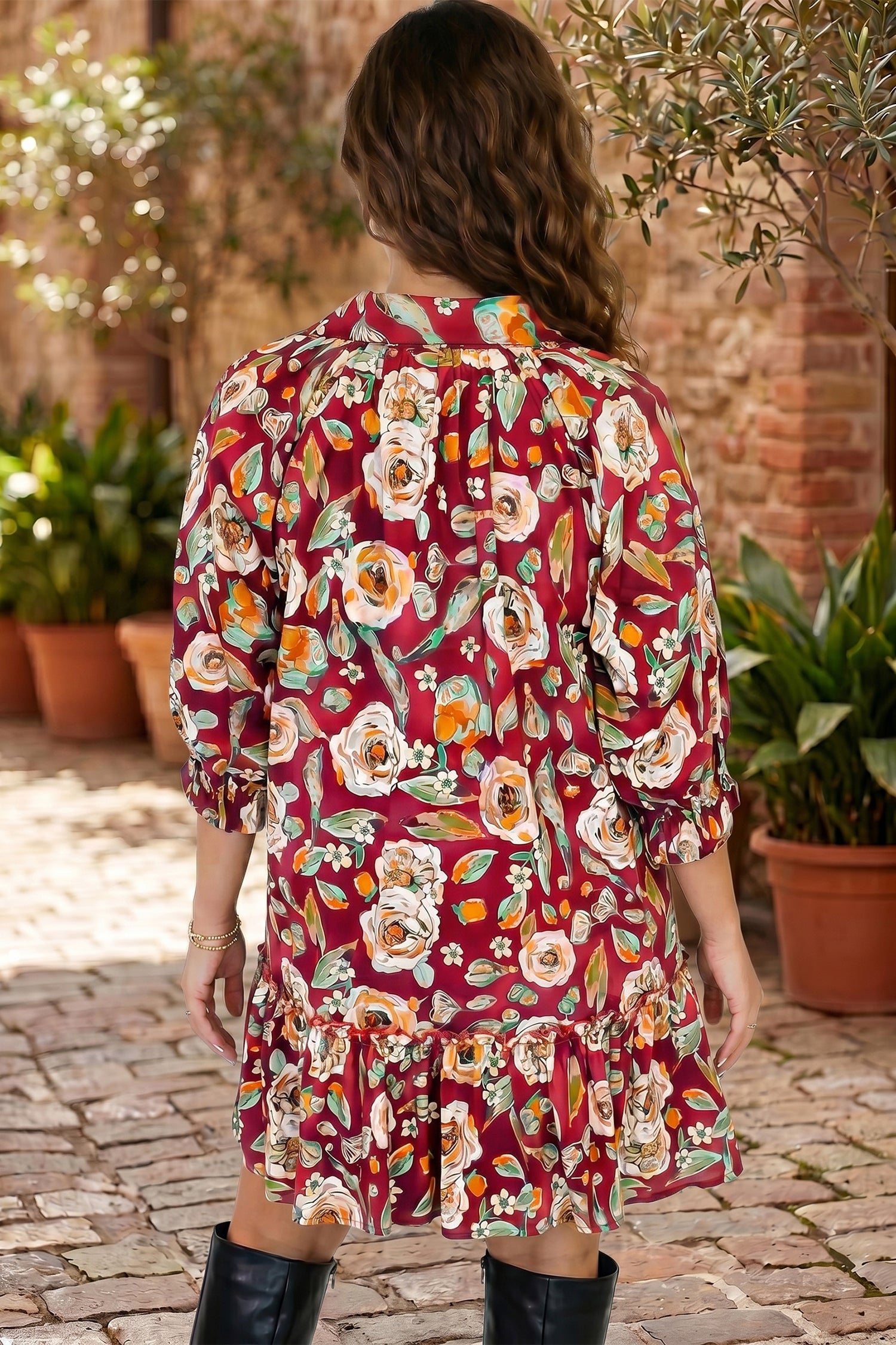 Red Floral Print Half Sleeve Short Shift Dress