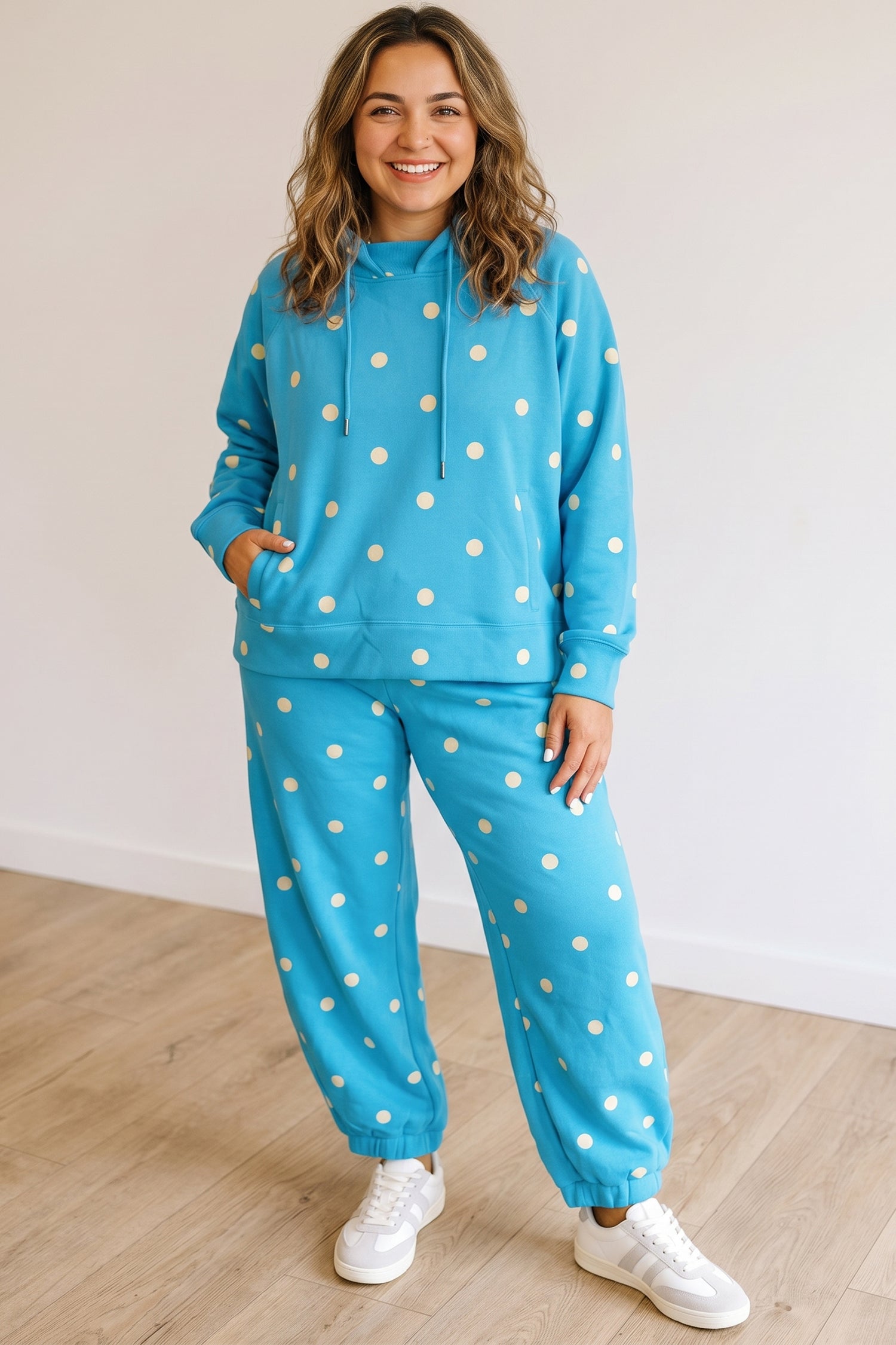 Blue Polka Dot Hooded Drawstring Long Sleeve Plus Size Set