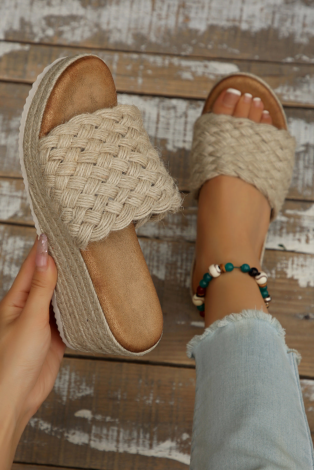 Smoke Gray Woven Wide Band Platform Slippers