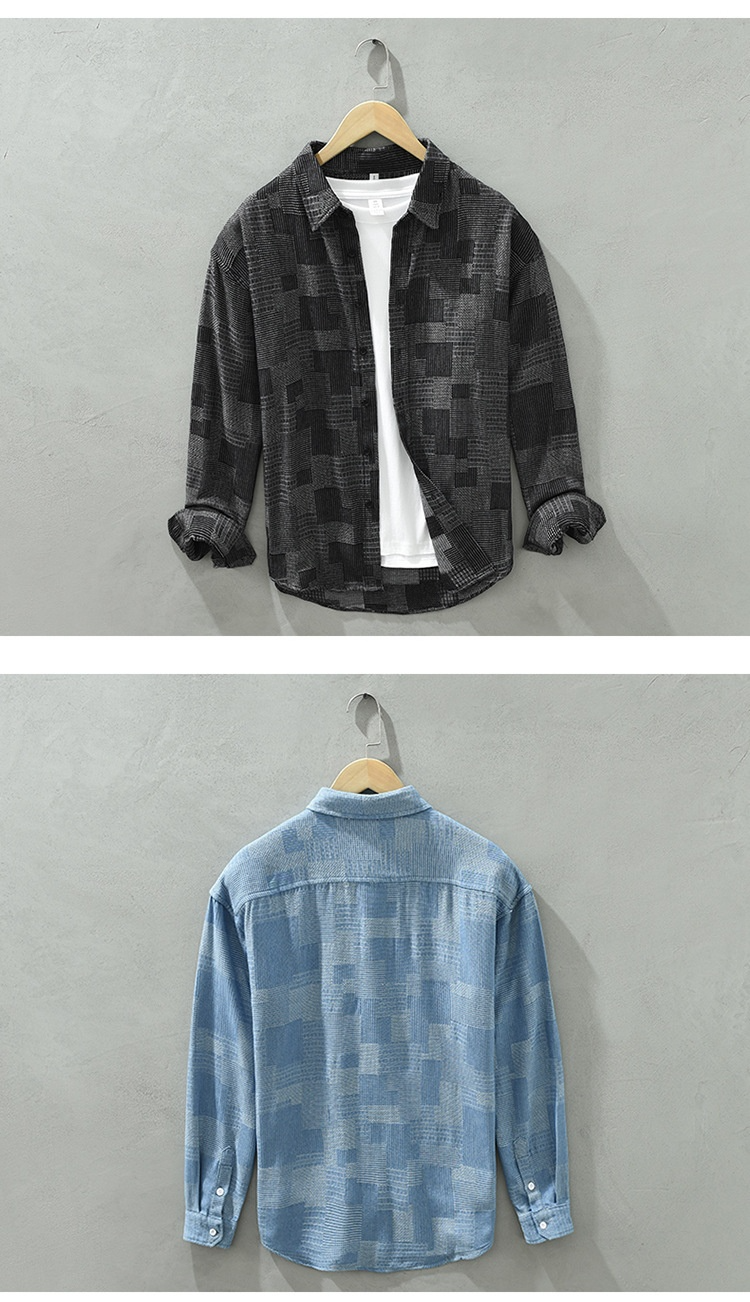 Camisa de vestir informal de manga larga de mezclilla con combinación de colores de jacquard para hombre