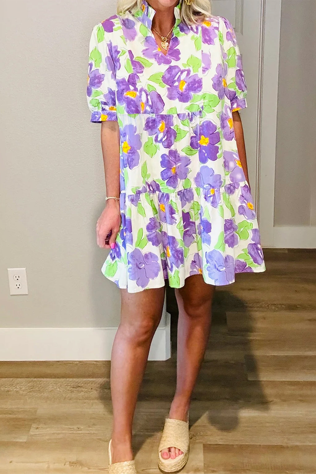 Purple Floral V Collar Short Sleeve Tiered Ruffle Mini Dress