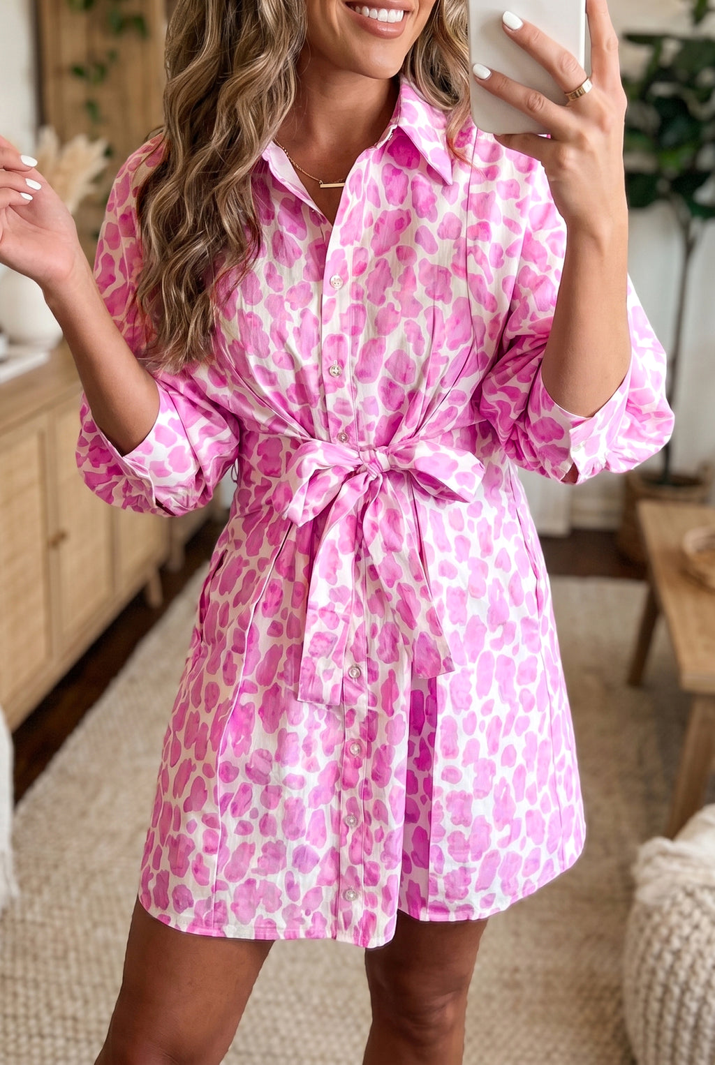 Pink Abstract Leopard Print Tie Waist Puff Sleeve Mini Shirt Dress