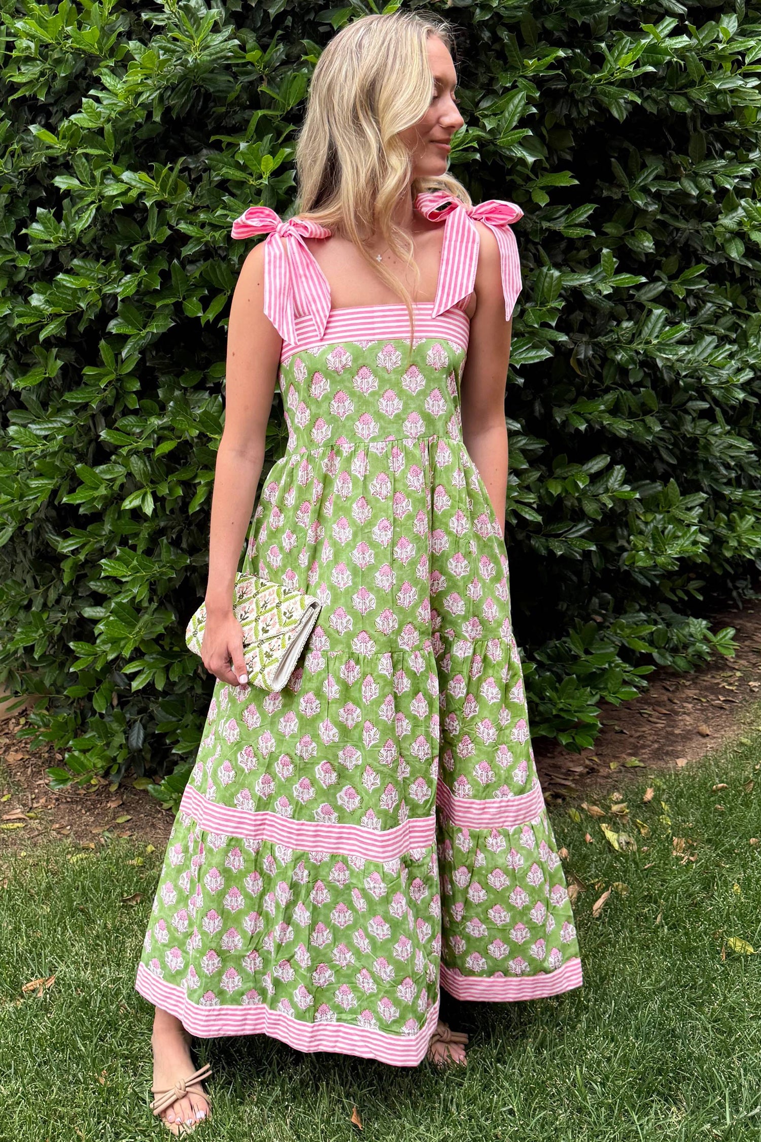 Green Floral Print Striped Detail Knot Straps Maxi Dress