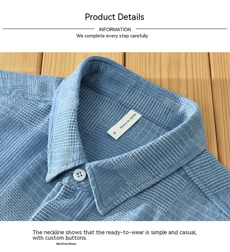 Camisa de vestir informal de manga larga de mezclilla con combinación de colores de jacquard para hombre