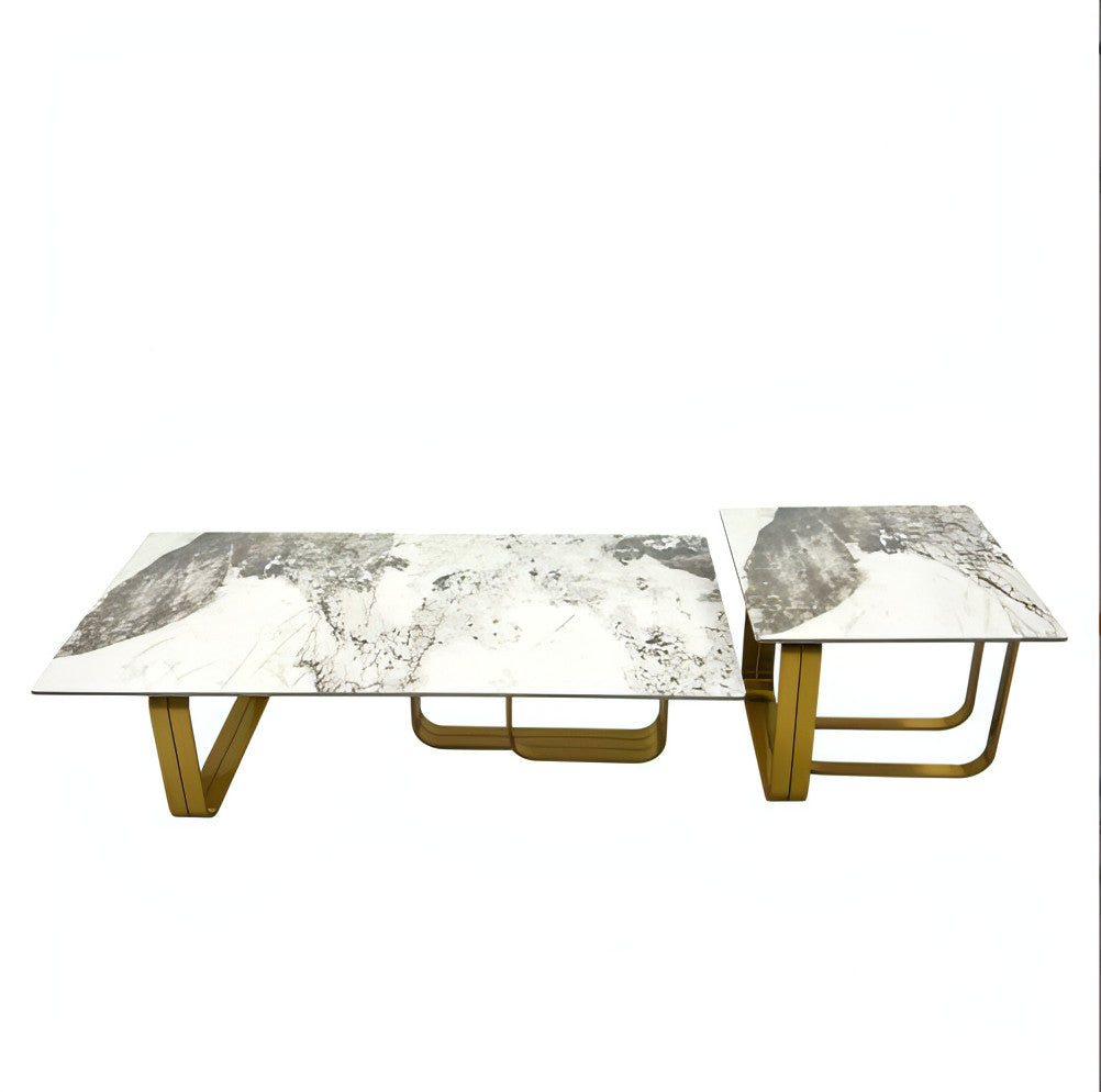 LuneluX_Home – Modern Sintered Stone Coffee Table Set with Gold Frame (2 pcs)