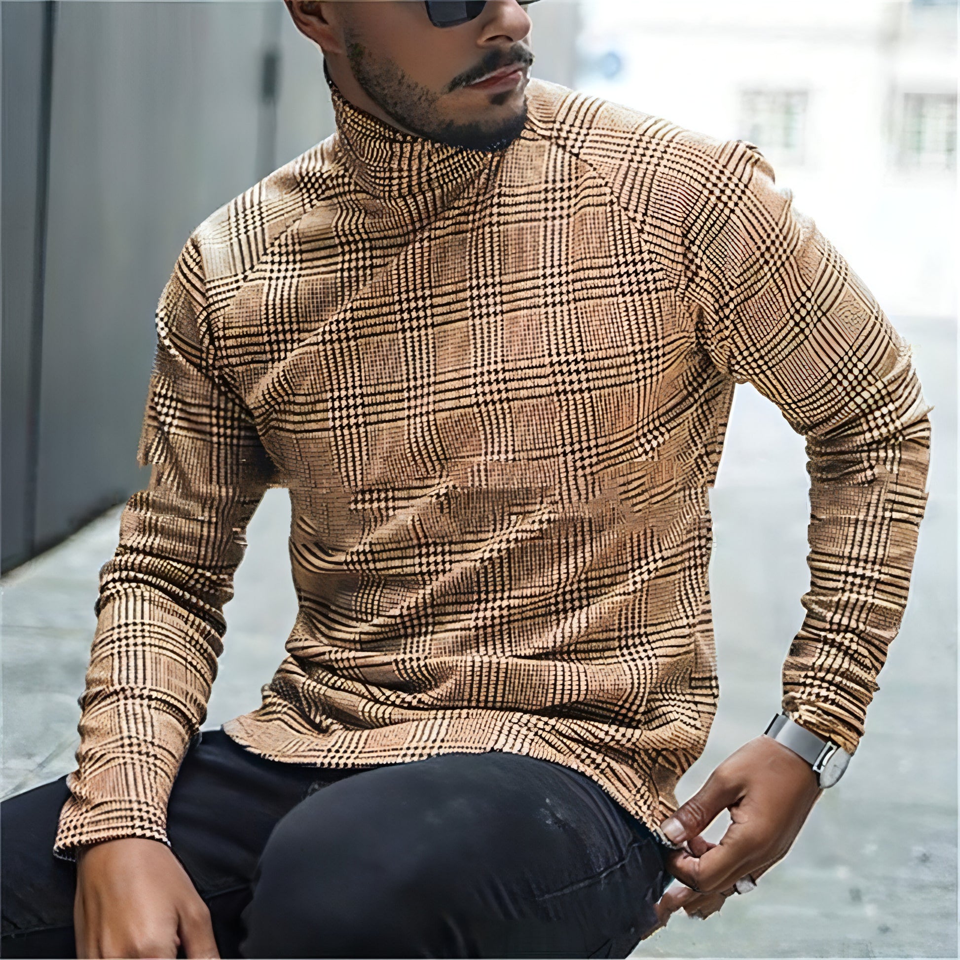 Camiseta de manga larga ajustada para hombre, camisa de cuello alto con base a rayas