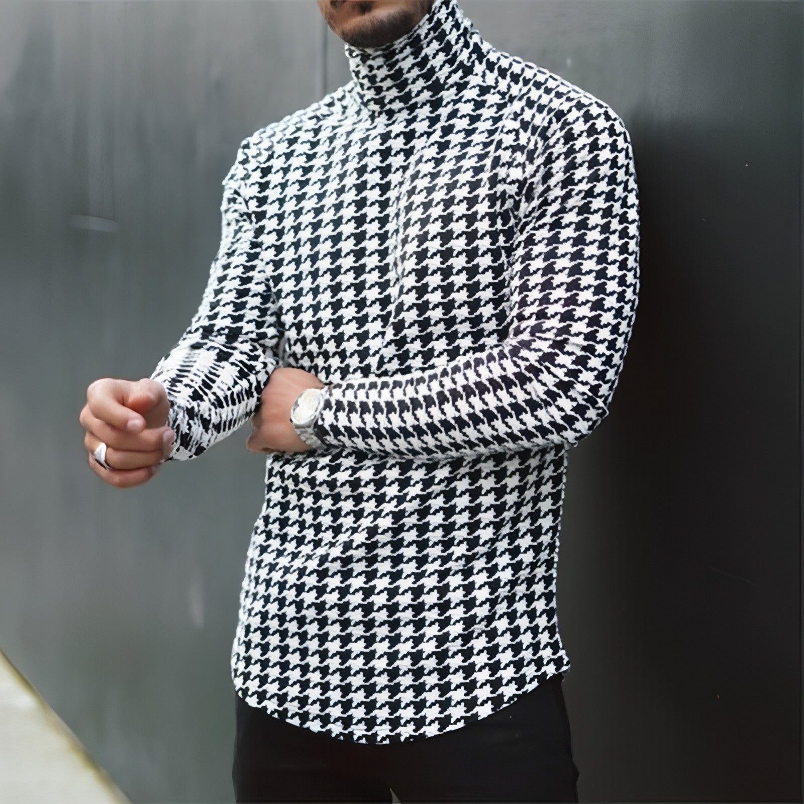 Camiseta de manga larga ajustada para hombre, camisa de cuello alto con base a rayas