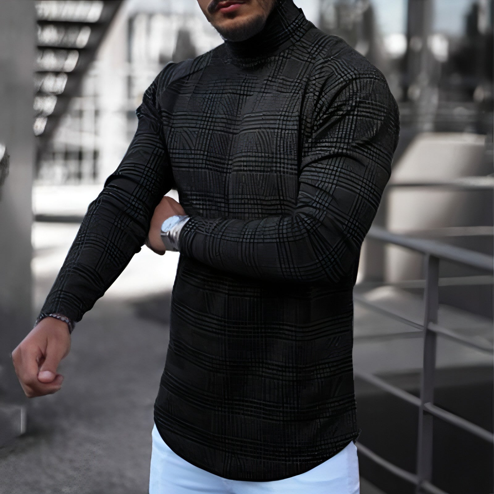 Camiseta de manga larga ajustada para hombre, camisa de cuello alto con base a rayas