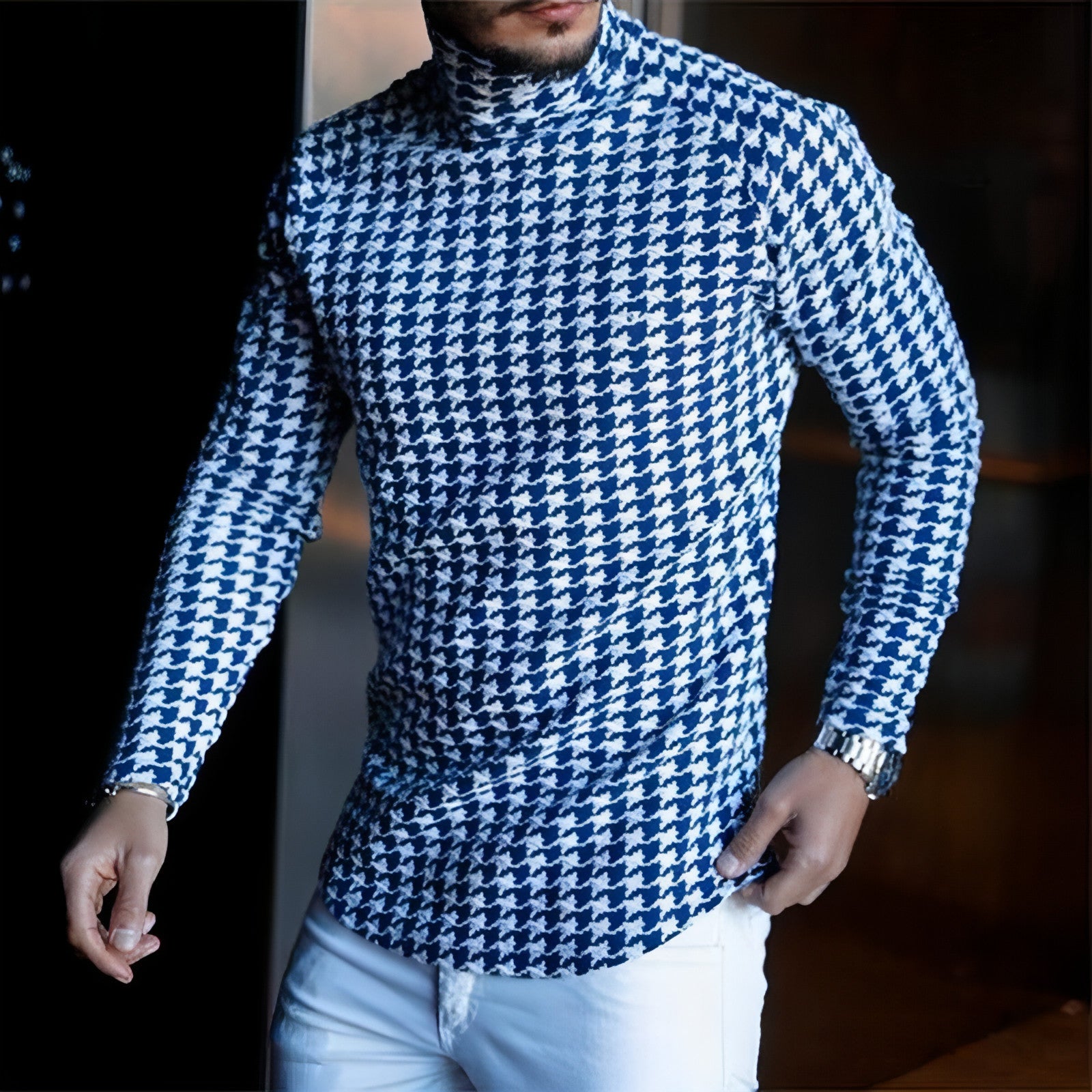 Camiseta de manga larga ajustada para hombre, camisa de cuello alto con base a rayas
