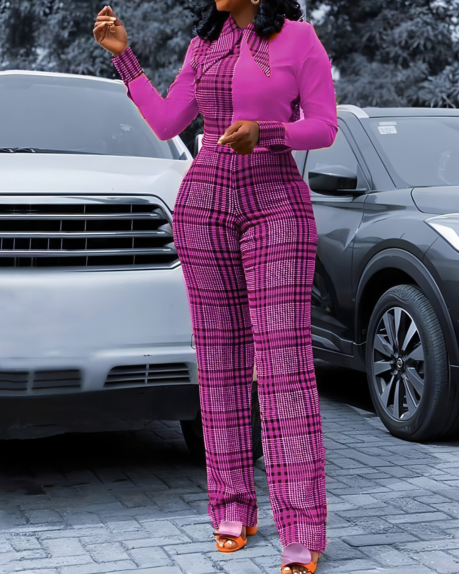 Digital Printing Check Stitching Jumpsuit