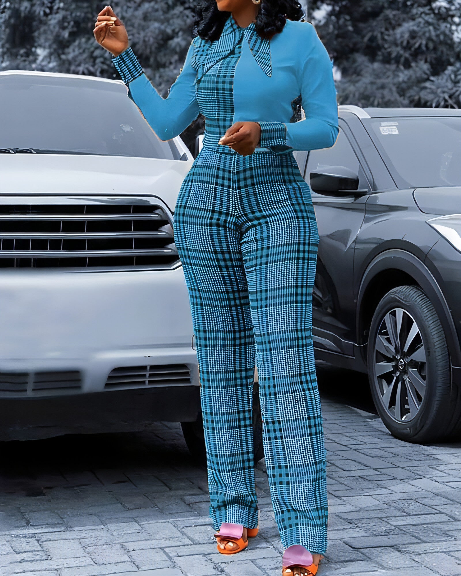 Digital Printing Check Stitching Jumpsuit